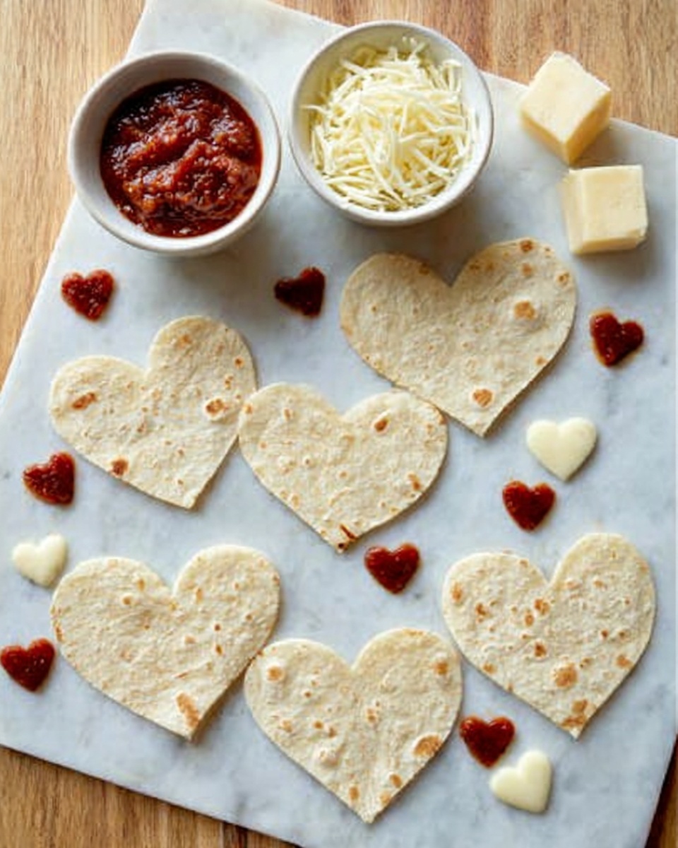 The image shows six heart-shaped tortillas arranged on a white marbled surface. Around the tortillas, small heart-shaped pieces of white cheese and red salsa are scattered artistically. At the top, there are two white bowls, one filled with red salsa and the other with shredded white cheese. The colors include the pale beige of the tortillas, the bright red of the salsa hearts, and the soft white of the cheese hearts, all placed neatly on the surface. photo taken with an iphone --ar 4:5 --v 7