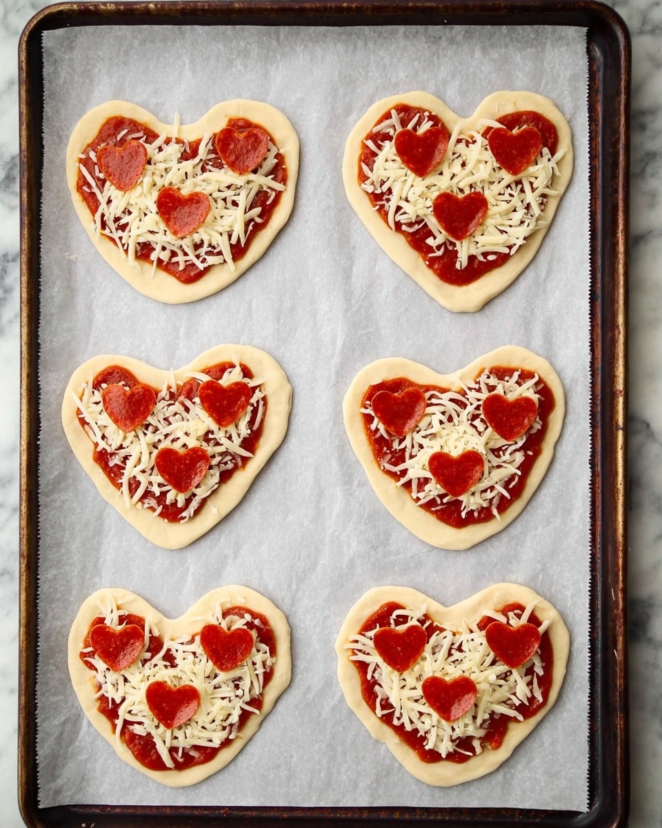 The image shows eight small heart-shaped pizzas placed on white parchment paper over a dark baking tray on a white marbled surface. Each pizza has three layers: a light beige dough base shaped like a heart, a spread of red tomato sauce evenly covering the dough, and a scattering of white shredded cheese over the sauce. On top of the cheese, there are small red heart-shaped pepperoni pieces, about three on each pizza, arranged in a neat cluster. The lighting is even and bright, highlighting the textures and colors clearly. photo taken with an iphone --ar 4:5 --v 7