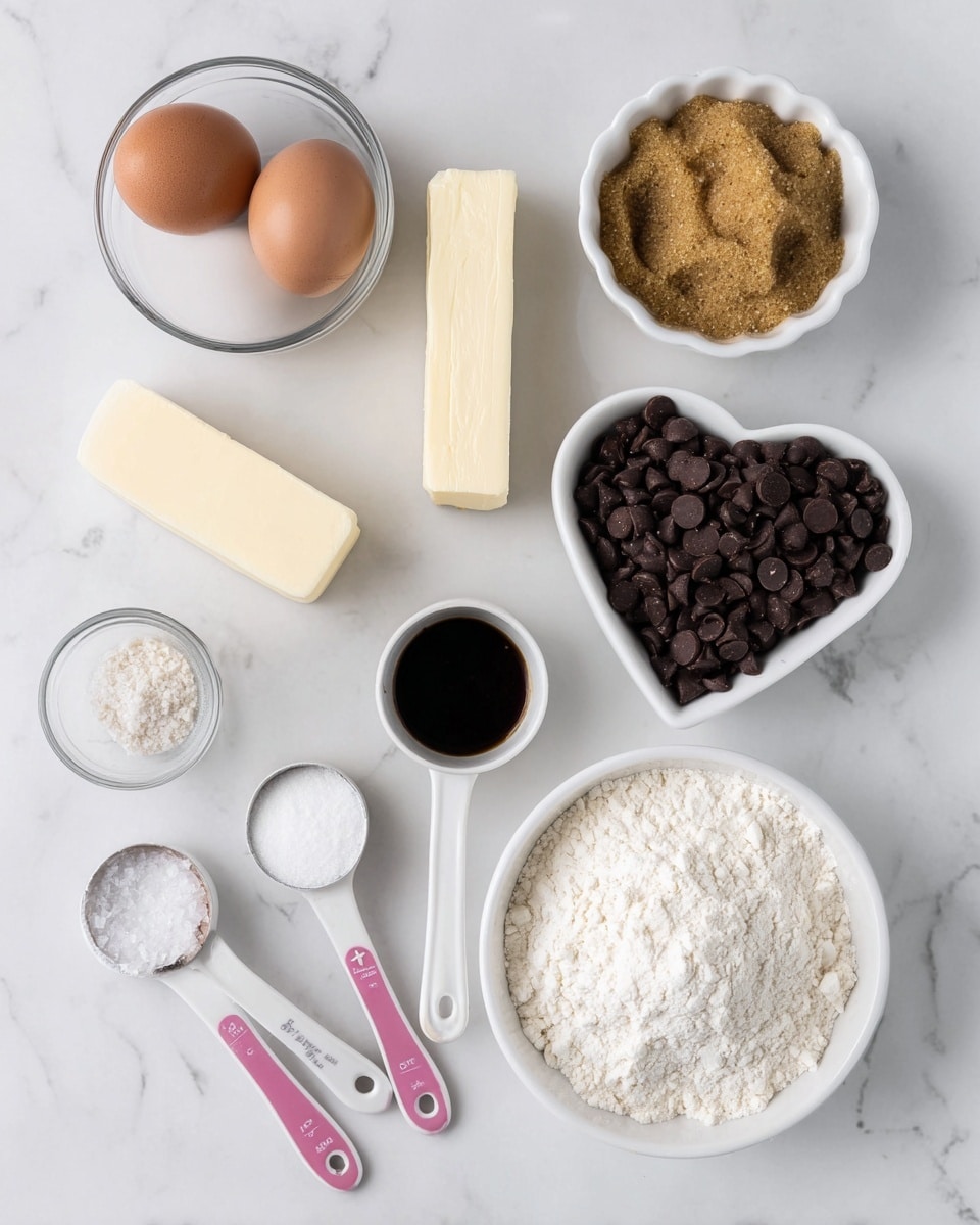 The image shows a white marbled surface with several white bowls and measuring spoons arranged neatly. There are two eggs, one brown and one white, in a small clear glass bowl at the top left. To the right is a white bowl filled with brown sugar. Below, there is a white stick of butter placed directly on the surface. In the center, a white heart-shaped bowl is filled with dark chocolate chips. To the right of that, a white and pink measuring spoon contains dark liquid, likely vanilla. On the bottom left, a white measuring cup has granulated sugar, and next to it are two white and pink measuring spoons with salt and baking soda. On the bottom right, a larger white bowl is filled with flour. The setup is clean and simple, showing all ingredients used for baking, photo taken with an iphone --ar 4:5 --v 7