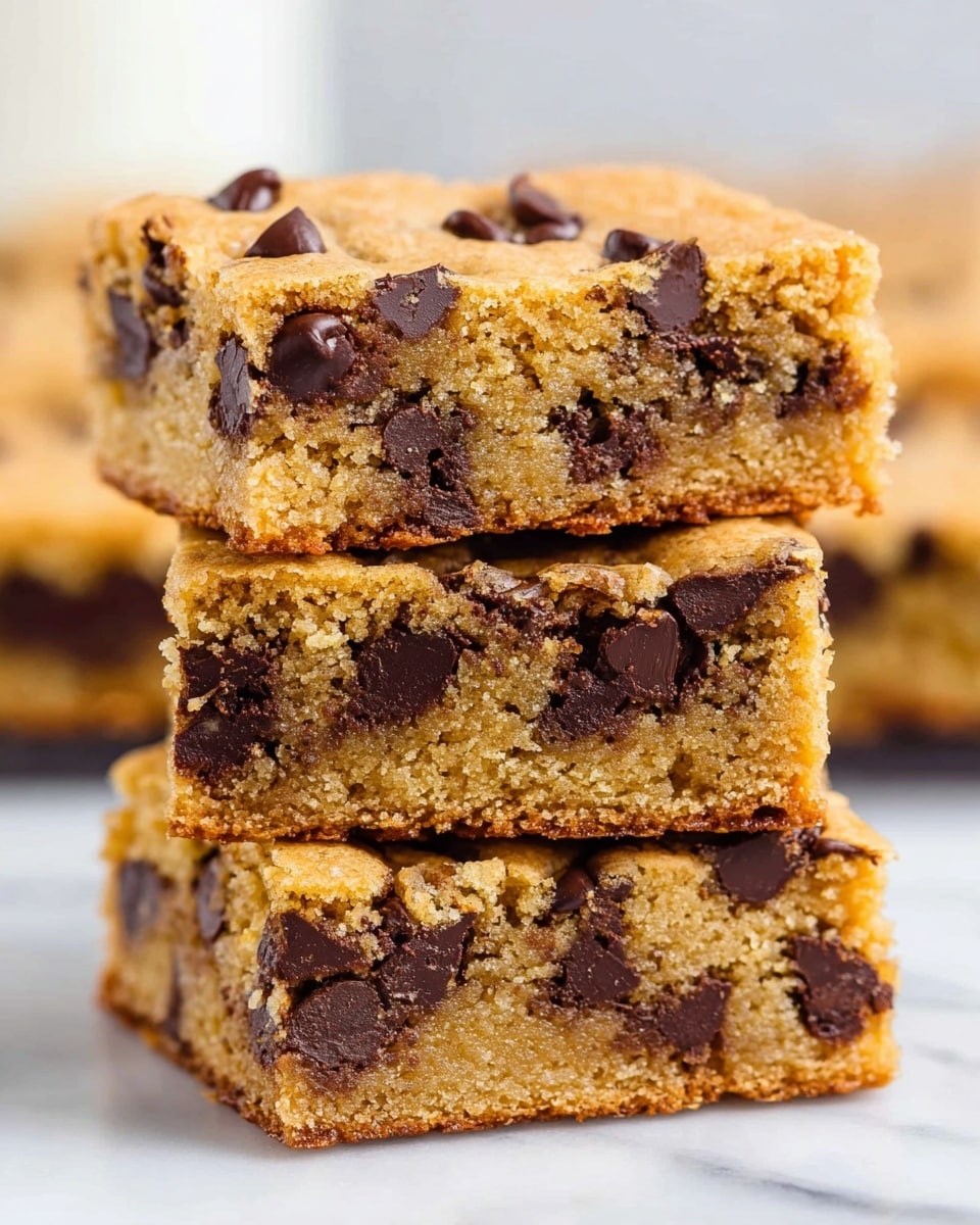A close-up view of a stack of four thick, rectangular chocolate chip cookie bars, each layer showing a soft, golden-brown texture dotted with large, melted dark chocolate chips, slightly uneven edges adding a homemade touch. The bars have a crumbly, moist interior with visible chocolate chunks embedded throughout, creating a rich contrast with the warm cookie dough color. The background is softly blurred with more cookie bars visible, and the surface beneath is a white marbled texture. photo taken with an iphone --ar 4:5 --v 7