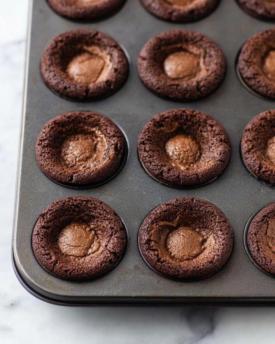 The image shows eight small round chocolate baked treats in a dark metal baking tray on a white marbled surface. Each treat has a thick crusty outer ring of dark brown color with a cracked, slightly rough texture. The center portion is slightly sunken and smoother, with a deeper rich brown tone. The treats appear uniform in size and evenly spaced in the tray, with a matte finish on the surface. Photo taken with an iphone --ar 4:5 --v 7
