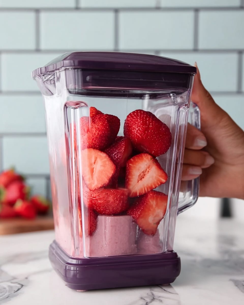 A close-up view of a transparent blender container filled with several whole and halved bright red strawberries inside. The blender base is dark purple, with visible sharp blades at the bottom center of the container. A woman's hand is firmly holding the black lid on top of the blender. The background consists of a white tiled wall and a white marbled countertop. Photo taken with an iphone --ar 4:5 --v 7