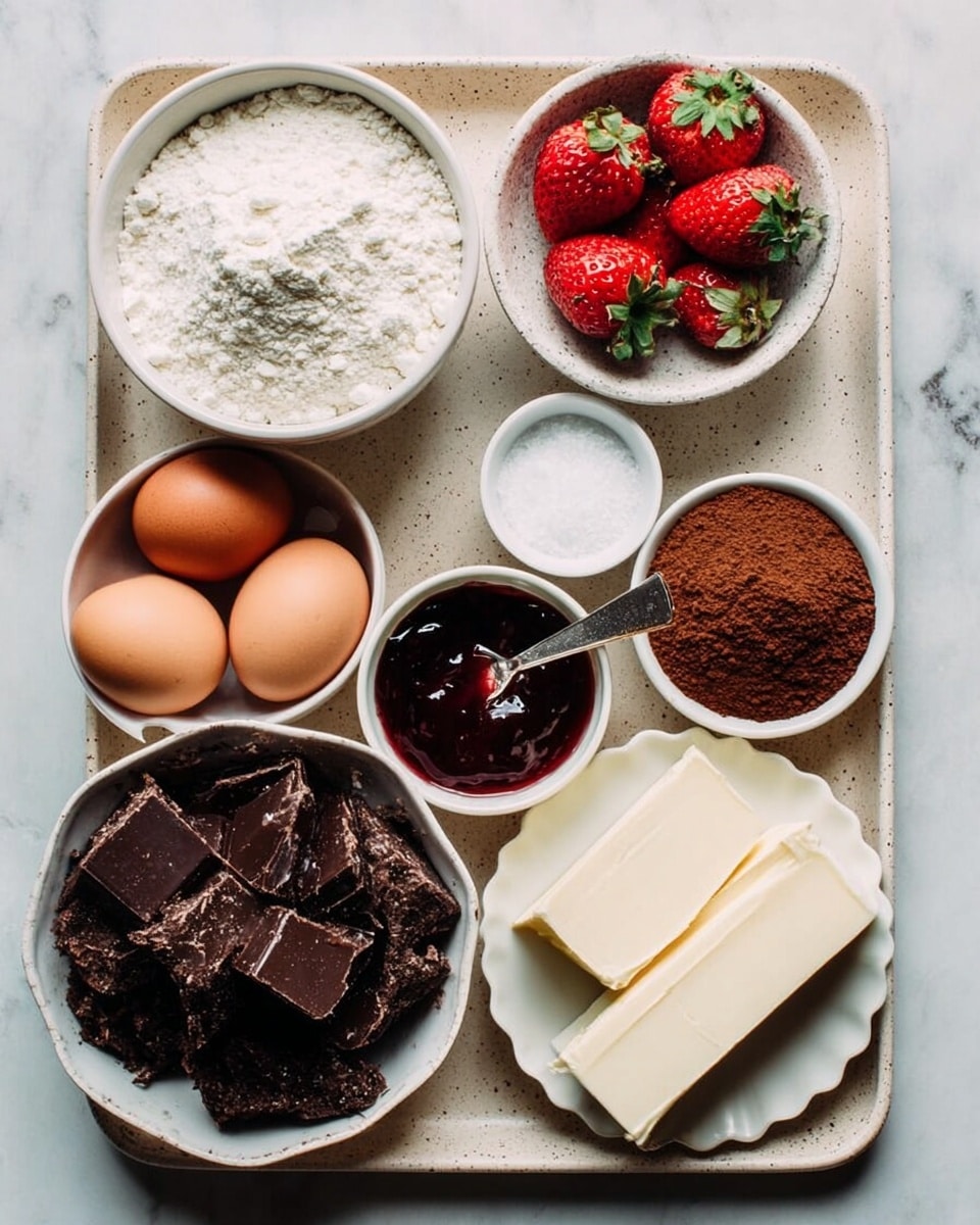 The image shows a white speckled tray on a white marbled surface holding several small white bowls with different baking ingredients. At the bottom right, a white plate holds two thick blocks of cream cheese. Above it, a bowl contains three brown eggs. To the left, a bowl is filled with chopped dark chocolate pieces. On the top left of the tray is a bowl of white flour. Next to it, a small bowl contains three fresh red strawberries with green leaves. To the right of the strawberries, a bowl is filled with brown cocoa powder. Above and to the right of the cocoa powder is a tiny bowl with white salt. Next to the salt bowl, a scalloped white bowl contains a dark red jam with a spoon resting inside. Photo taken with an iphone --ar 4:5 --v 7