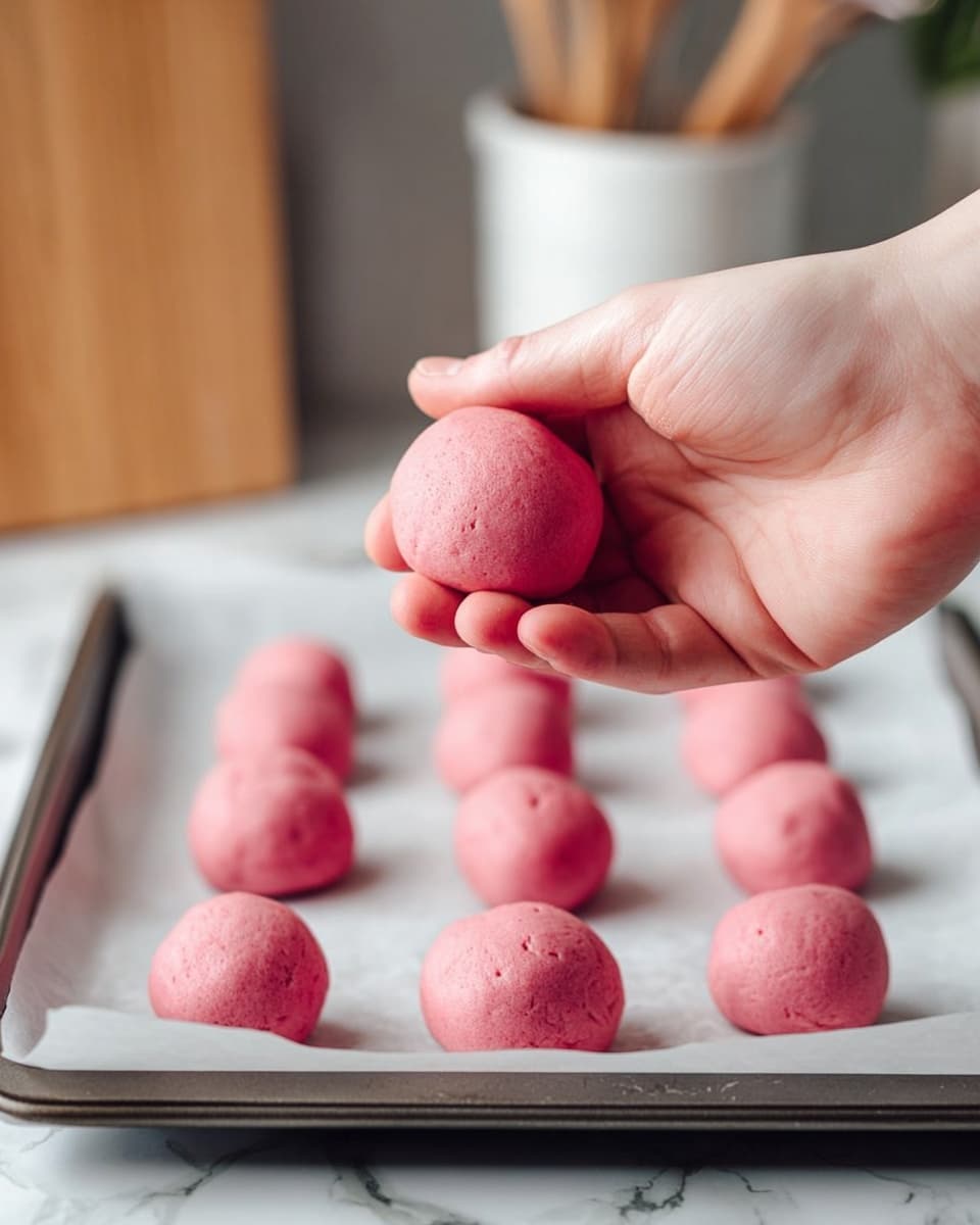 A close-up image shows a woman's hand holding a pink dough ball above a baking tray lined with white paper. On the tray, there are many similar pink dough balls, all round and smooth but with small dents on their surfaces. The background is a blurry kitchen setting with utensils in a white container and a wooden block. The surface under the tray has a white marbled texture. photo taken with an iphone --ar 4:5 --v 7