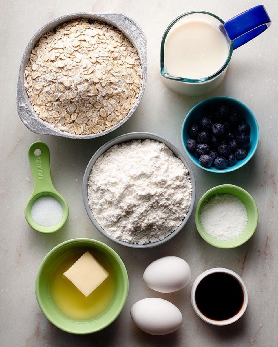 The image shows several small white bowls and measuring cups laid out on a white marbled surface, each holding different baking ingredients. In the middle, there is a bowl filled with white flour with a powdery texture. Surrounding it are oats in a metal measuring cup with a rough, grainy look; a cup of creamy milk in a glass measuring cup with a blue handle; a small green bowl containing melted yellow butter; a smaller green silicone cup with white baking powder; a white egg placed alone; another small green silicone cup with white salt; a white measuring cup filled with granulated sugar; and a small white cup of dark brown vanilla extract. All items are neatly arranged with soft diffused lighting, showing clear textures and colors. photo taken with an iphone --ar 4:5 --v 7
