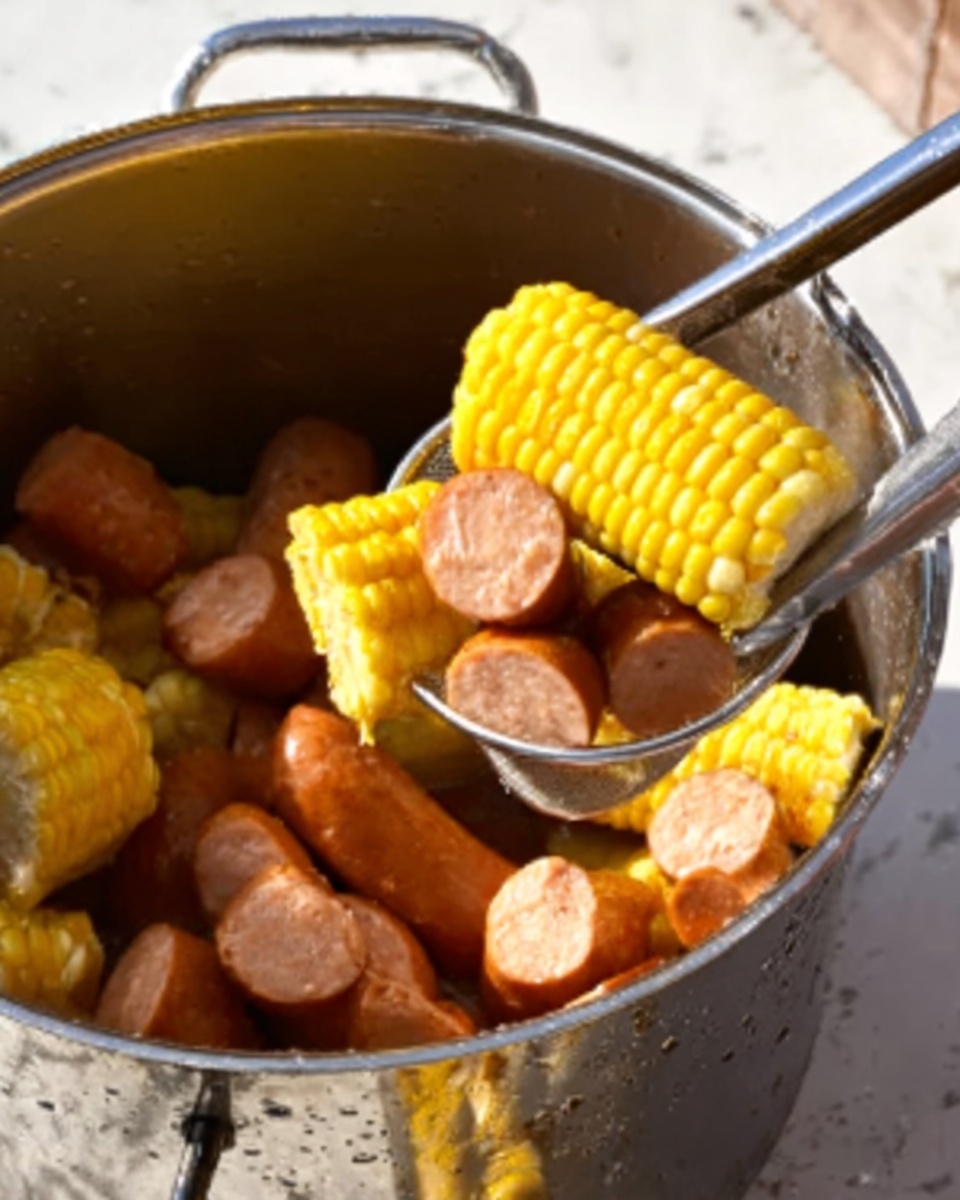 The image shows a close-up of a metal strainer filled with several pieces of thick sausage and yellow corn on the cob, held above a large silver pot. The sausages are cut into short segments with a smooth, slightly shiny light brown skin, while the corn pieces have bright yellow kernels arranged neatly. A pair of kitchen tongs, held by a woman's hand, is lifting one piece of corn from the pot. The background features a white marbled surface. photo taken with an iphone --ar 4:5 --v 7