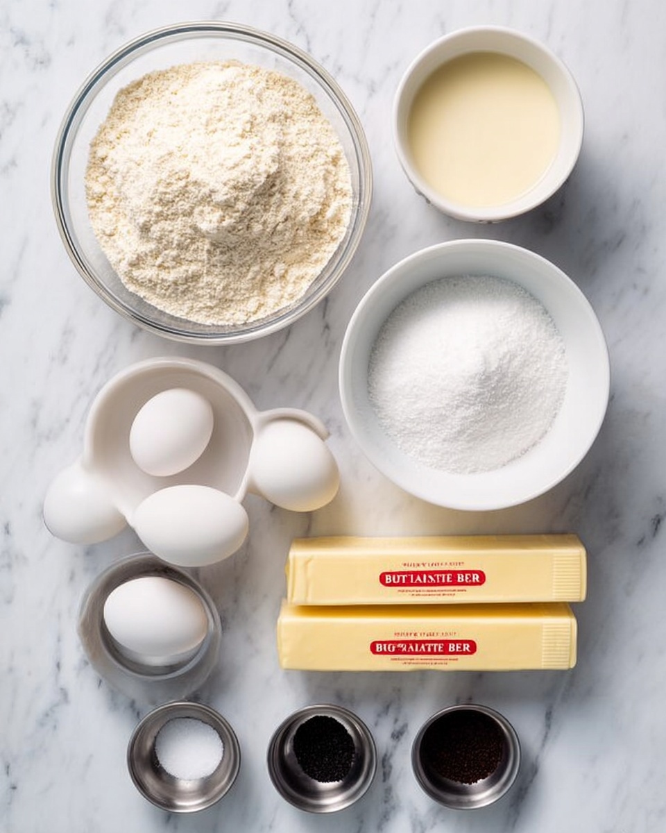 The image shows nine bowls and two sticks of butter placed on a white marbled surface. At the top left, a clear glass bowl filled with light beige flour is visible. To its right, there is a white bowl holding a creamy liquid. Below the flour bowl is a white bowl filled with fine white sugar. Two yellow sticks of butter with red text lie in the middle right. At the bottom left, a small white bowl holds four white eggs. To the bottom center and right, there are four small metal and white bowls arranged in a semi-circle, containing small amounts of different dark and light powders or liquids. The setup looks neat and well organized, ready for baking. photo taken with an iphone --ar 4:5 --v 7