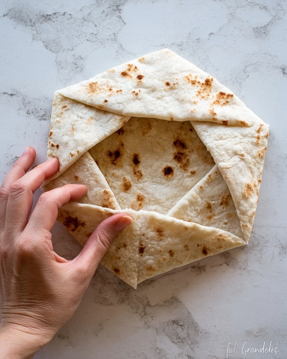 A woman's hand is gently folding the edges of a light brown flatbread, shaping it into a hexagon with an open center. The flatbread shows some darker toasted spots and a soft texture. The background is a white marbled surface, adding a clean and simple setting to the scene. Photo taken with an iphone --ar 4:5 --v 7