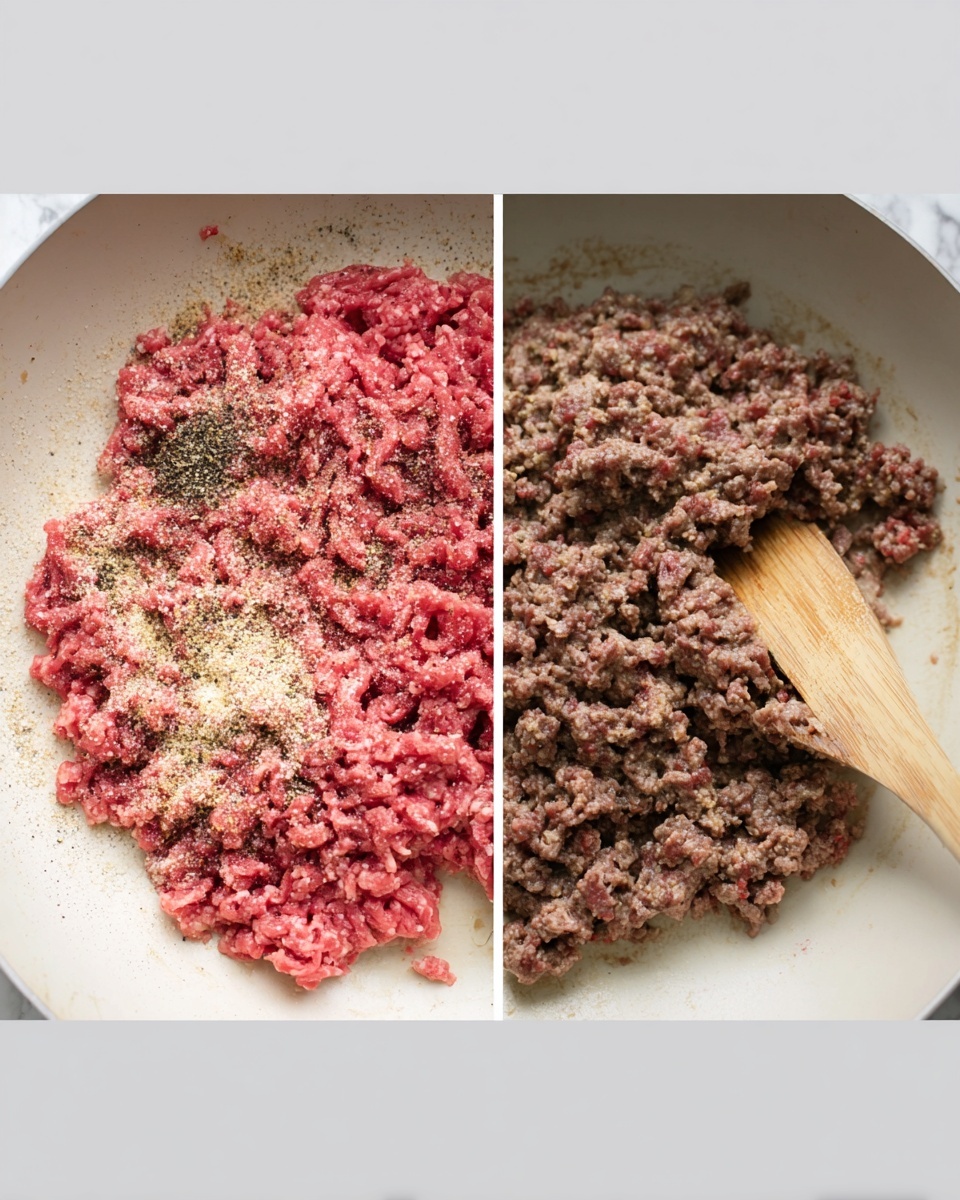 The image shows two stages of cooking ground beef in a white pan on a white marbled surface. The left side shows raw ground beef with seasonings sprinkled on top, including black pepper and salt, creating a mix of red meat and light beige spices with a slightly oily texture. The right side shows cooked ground beef, now brown and crumbly, evenly spread out in the same pan with a wooden spatula resting inside. The cooking transforms the meat from moist and red to firm and brown. Photo taken with an iphone --ar 4:5 --v 7