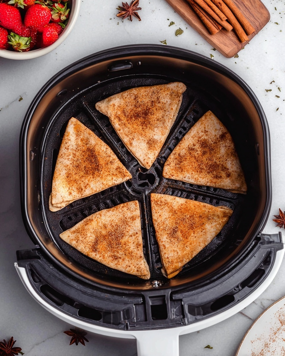 Inside a black air fryer basket, there are seven triangular pieces of golden-brown pita bread, arranged in a circular pattern with one in the center and six around it. The pita bread has a crisp texture with a light dusting of spice on top. The air fryer is placed on a white marbled surface. Near the air fryer, there is a white bowl with chopped strawberries and a few sprigs of green herbs. Cinnamon sticks and star anise are also scattered nearby. A woman's hand is reaching towards the air fryer basket, partially visible on the right side. The lighting is soft and natural, highlighting the warm tones of the pita bread. Photo taken with an iphone --ar 4:5 --v 7