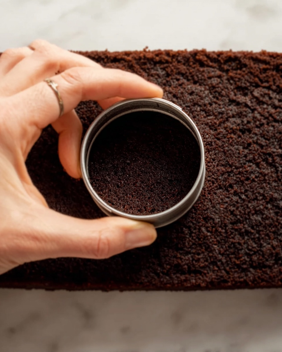 A close-up photo shows a woman's hand holding a round metal cutter pressing down on a dark brown cake layer with a slightly rough texture. The cake covers the whole white marbled background. The scene focuses on the circle being cut out from the cake with visible crumbs around the edges. Photo taken with an iphone --ar 4:5 --v 7