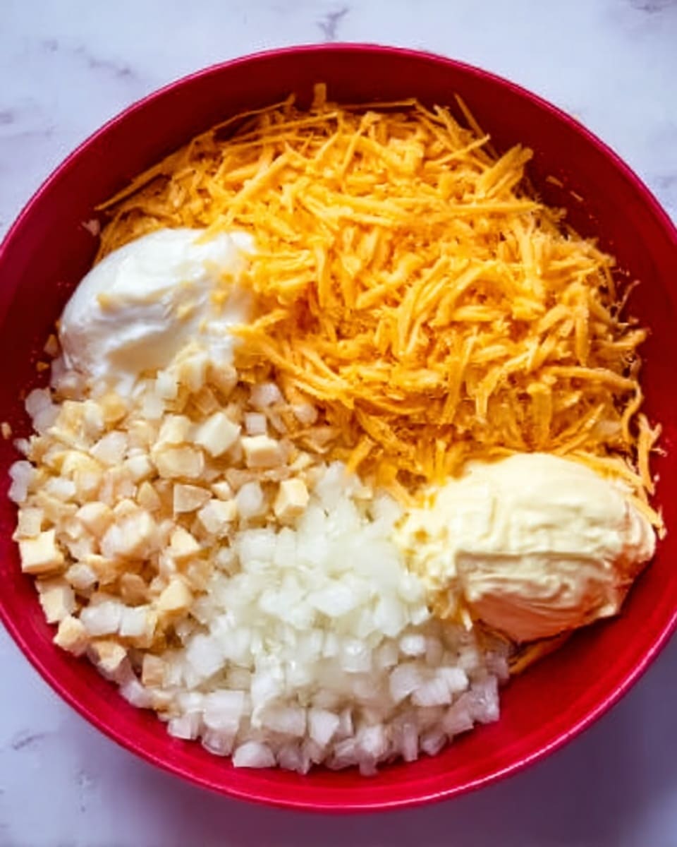 The image shows a red bowl filled with five separate ingredients arranged side by side. At the bottom left is a pile of light beige small chopped pieces, next to finely chopped white onions in the center-left. To the right of the onions is a bright orange shredded layer, and on the far right are two creamy dollops, one white and one pale yellow, both smooth in texture. The bowl sits on a white marbled surface. Photo taken with an iphone --ar 4:5 --v 7