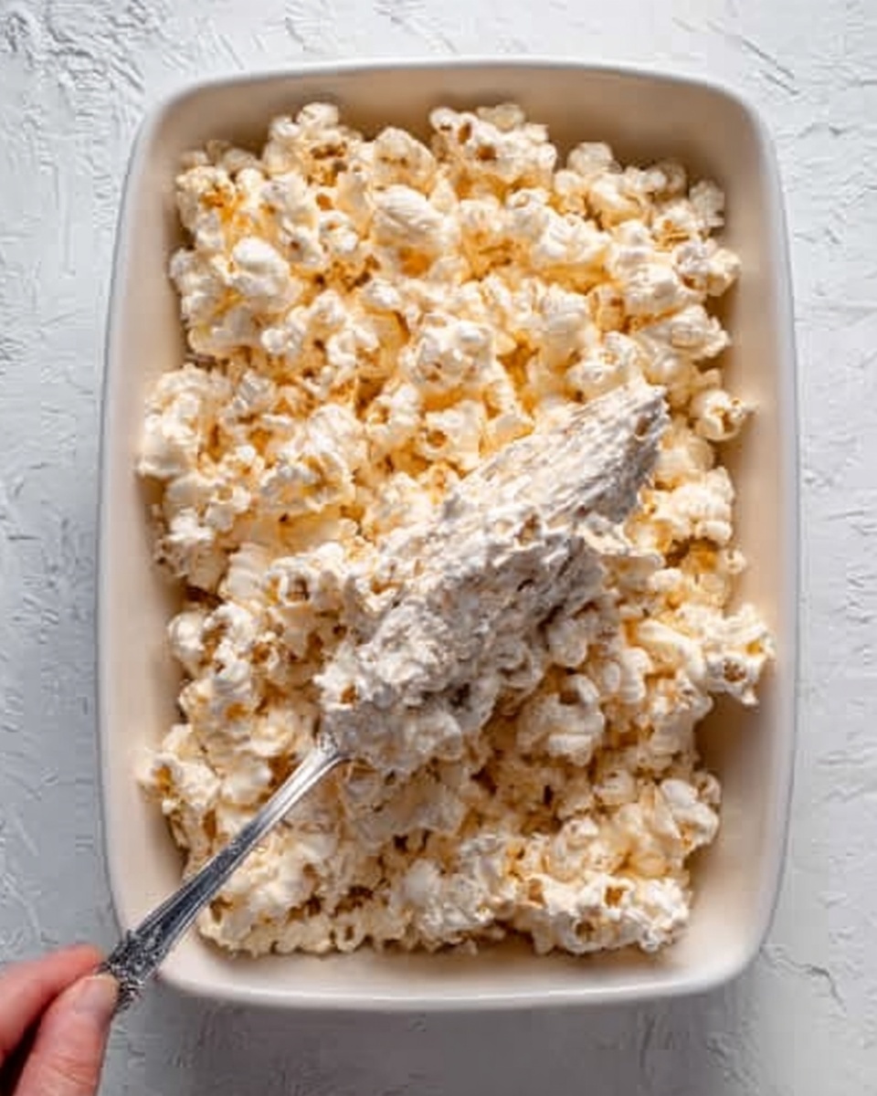 The image shows a close-up of a white rectangular dish filled with a mixture of popcorn and light cream, giving a fluffy and slightly sticky texture. In the center of the dish, there is a silver spoon partially covered with the popcorn mixture. The dish sits on a white marbled surface, and a woman's hand is holding the spoon, scooping some of the popcorn mixture. The colors are mainly light beige and white from the popcorn and cream. Photo taken with an iphone --ar 4:5 --v 7