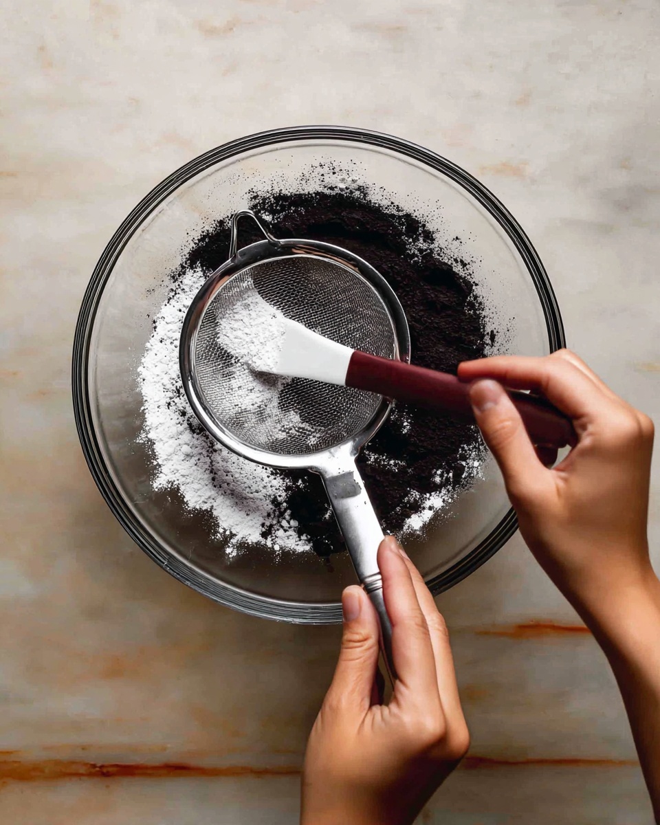 A clear glass bowl rests on a white marbled surface, holding a metal sieve filled with a mix of white powder and black powder. A woman's left hand grips the side handle of the sieve, while the woman's right hand stirs the powders inside using a spatula with a white head and a dark red handle. The powders contrast sharply with each other, white and black, showing a rough and powdery texture. The scene is simple and focused on the mixing process. photo taken with an iphone --ar 4:5 --v 7