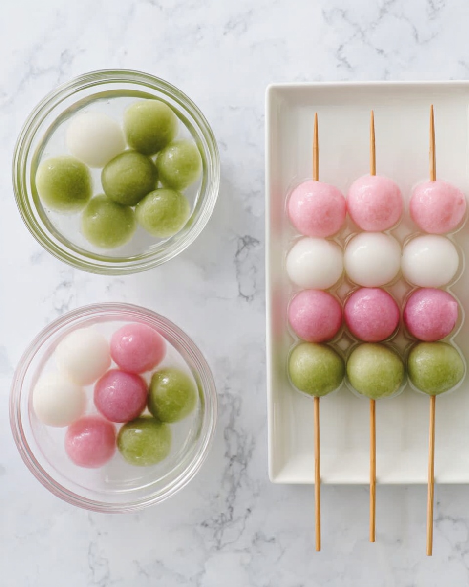 The image shows three small glass bowls filled with water and round, smooth balls in three different colors: green in the left bowl, pink in the middle bowl, and white in the bottom bowl. To the right, there are five white skewers placed on a white marbled surface, each holding three spheres stacked vertically in the order of pink on top, white in the middle, and green at the bottom. The balls have a shiny, soft texture, looking like they are made of a smooth dough-like material. Photo taken with an iphone --ar 4:5 --v 7