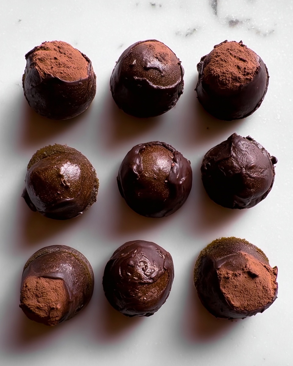 The image shows eight round chocolate truffles arranged in two rows on a white marbled background. Each truffle has a dark brown, glossy chocolate top that is slightly rough and uneven, giving it a handmade look. The bottom layer is darker and thicker, forming a firm base that contrasts with the shiny tops. The truffles vary slightly in shape but are mostly uniform in size and spacing, and there is soft, natural light highlighting their textures and rich colors. photo taken with an iphone --ar 4:5 --v 7