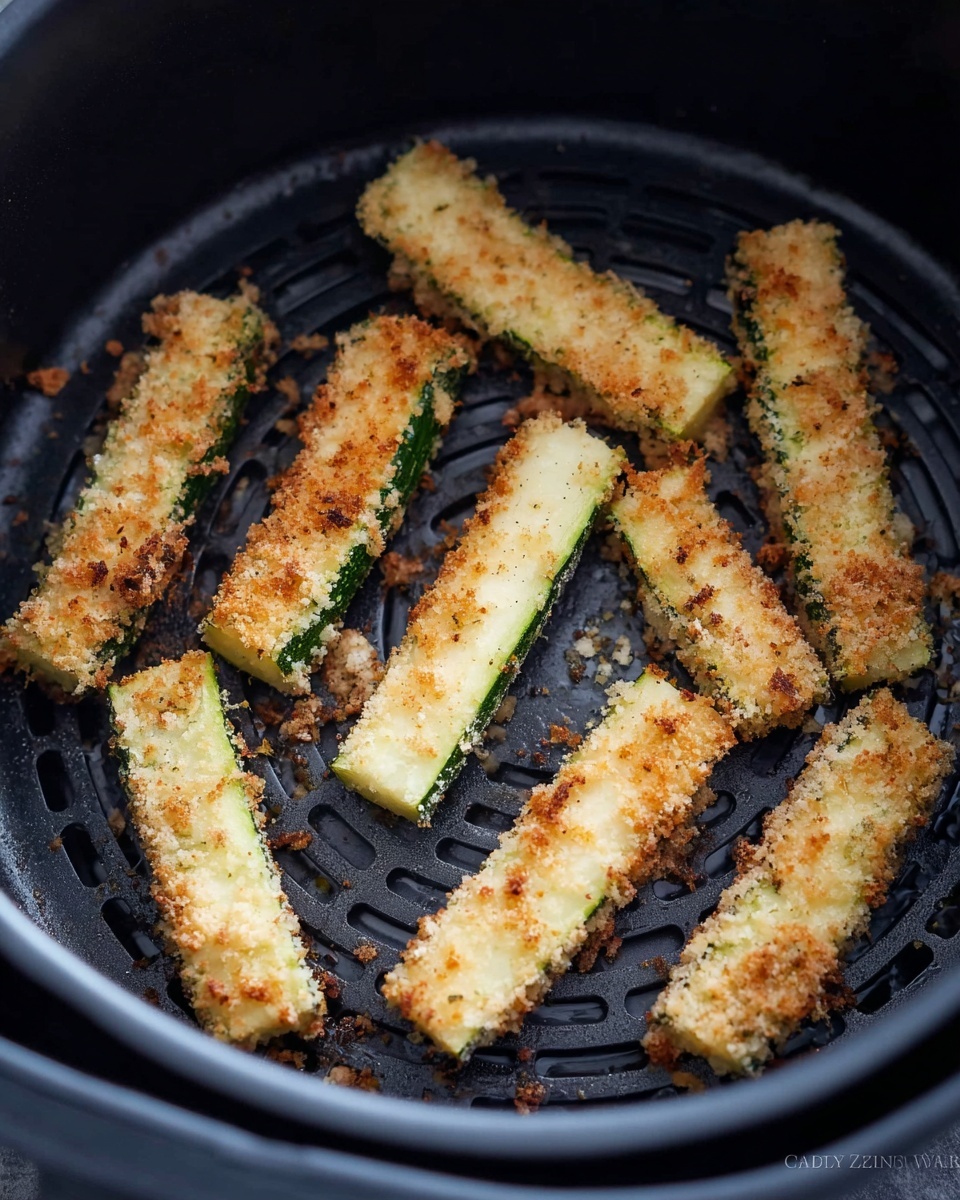 Inside a black air fryer basket, there are nine zucchini sticks arranged loosely, each coated unevenly with a golden-brown crispy breadcrumb layer. The zucchini sticks show green skin on one side and light green flesh on the other. The basket has circular grooves and shows small crumbs scattered around. The overall look is of a lightly cooked, crunchy zucchini snack. Photo taken with an iphone --ar 4:5 --v 7