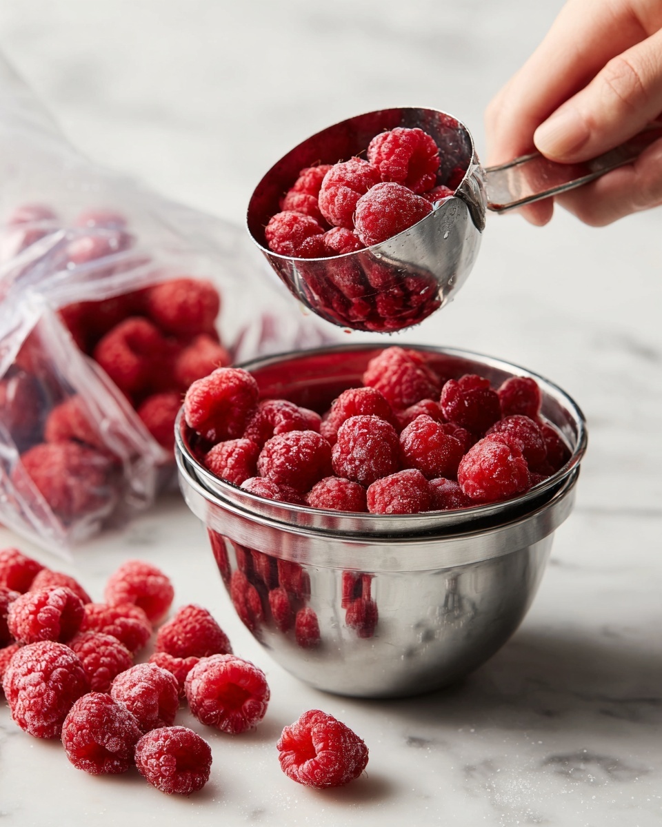 A woman's hand is holding a shiny metal measuring cup pouring bright red frozen raspberries into a shiny metal mixing bowl. More frozen raspberries are scattered around and some are spilling out of a clear plastic bag on a white marbled surface. The scene is simple with the focus on the rich red color and frosted texture of the raspberries against the reflective silver bowls and white marbled background photo taken with an iphone --ar 4:5 --v 7