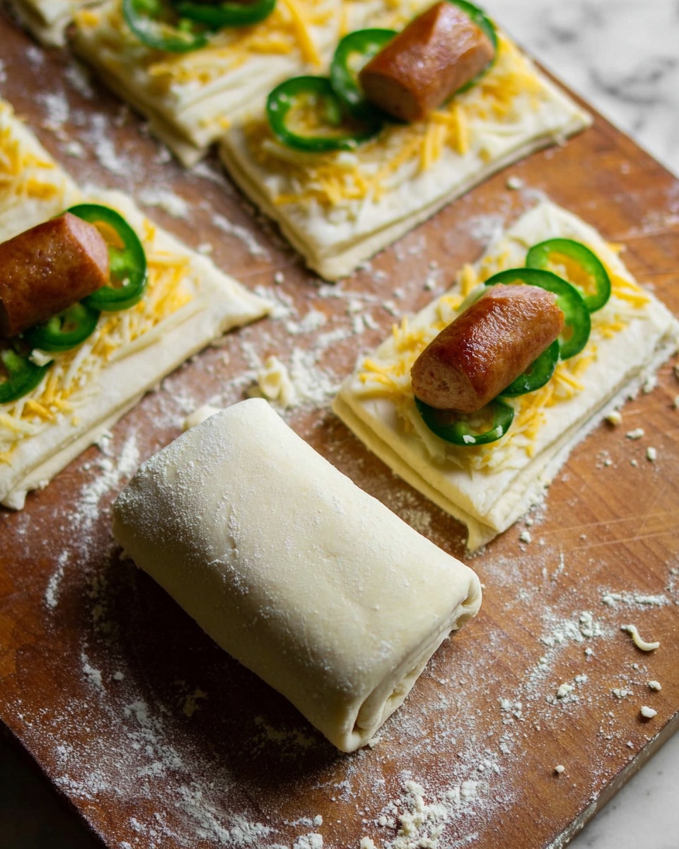 The image shows a close-up of a cooking process on a wooden board with flour dusted around. There are rectangular dough pieces laid out with a few of them topped with layers. Each piece has three clear layers: a soft white dough base, a layer of shredded yellow cheese, a layer of green jalapeño slices, and on top of that, a small brown sausage placed lengthwise. One piece is already rolled up with dough encasing the filling, showing the layers inside. The background is a white marbled texture. Photo taken with an iphone --ar 4:5 --v 7