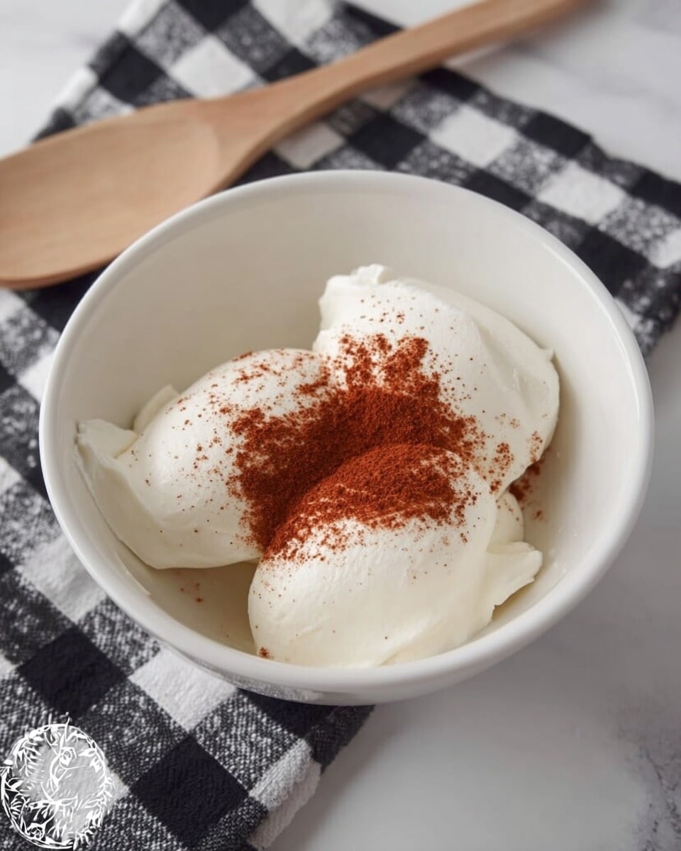 Inside a white bowl, there are three large dollops of thick white cream. On top of the cream, there is a layer of reddish-brown powder sprinkled mostly in the center. The bowl is placed on a black and white checkered cloth, with a light wooden spatula resting nearby on a white marbled surface. photo taken with an iphone --ar 4:5 --v 7
