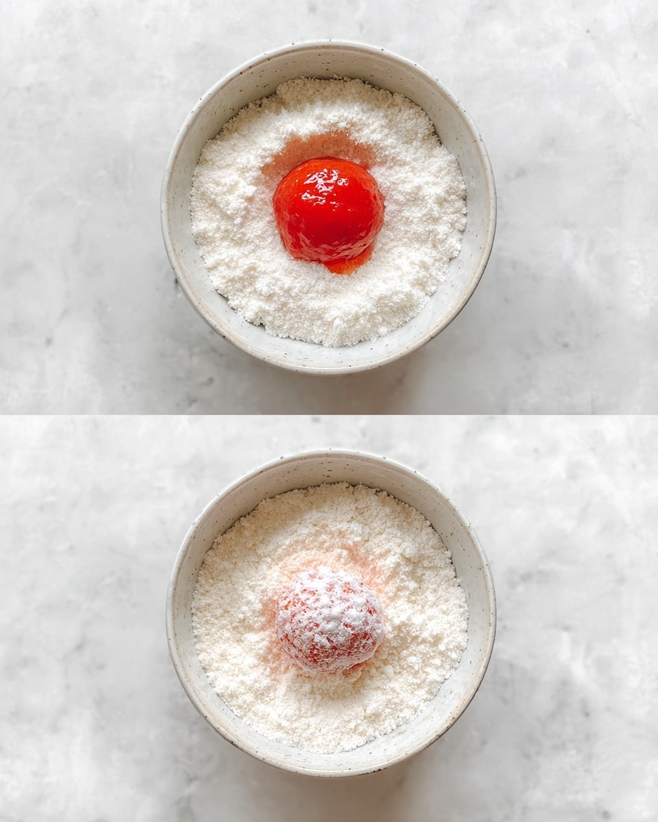 A white bowl sits on a white marbled surface, filled with a coarse white powder. In the center of the powder is a round dollop of bright red sticky paste, smooth and shiny, resembling a thick sauce. In the next image, the same bowl with the coarse white powder now has a small round ball in the middle, fully covered in the same white powder, creating a textured, powdery white layer over the red inside. Photo taken with an iphone --ar 4:5 --v 7