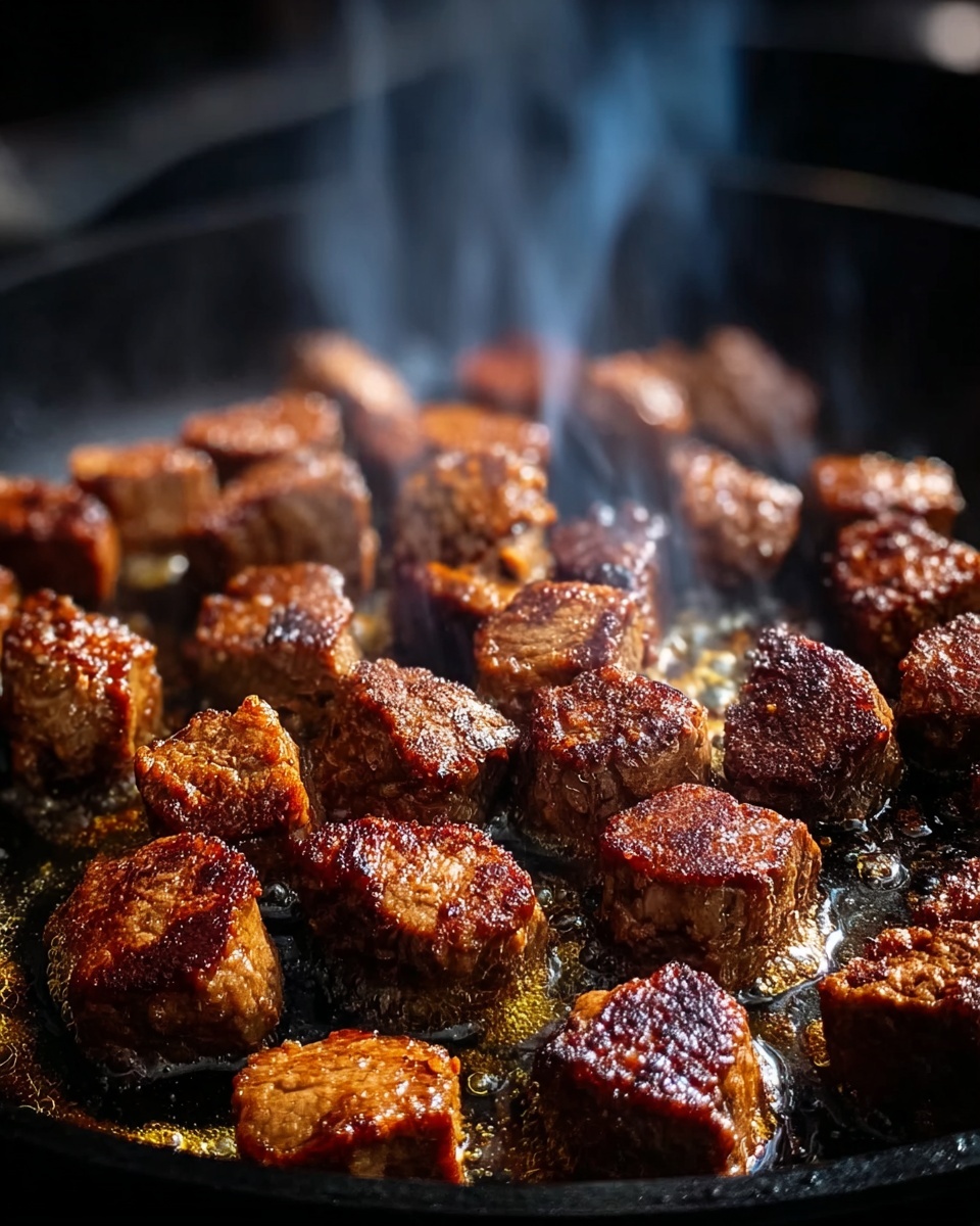 The image shows many small, browned meat cubes frying in a hot black pan. Each cube has a crispy, dark brown outside with some parts lighter brown, and they are sizzling in shiny oil. Thin steam rises above the pan, showing the meat is hot. The pan surface is slightly shiny from the oil and cooking juices, and the cubes are closely packed but not overlapping. The background is softly blurred, focusing on the texture of the cooked meat. photo taken with an iphone --ar 4:5 --v 7