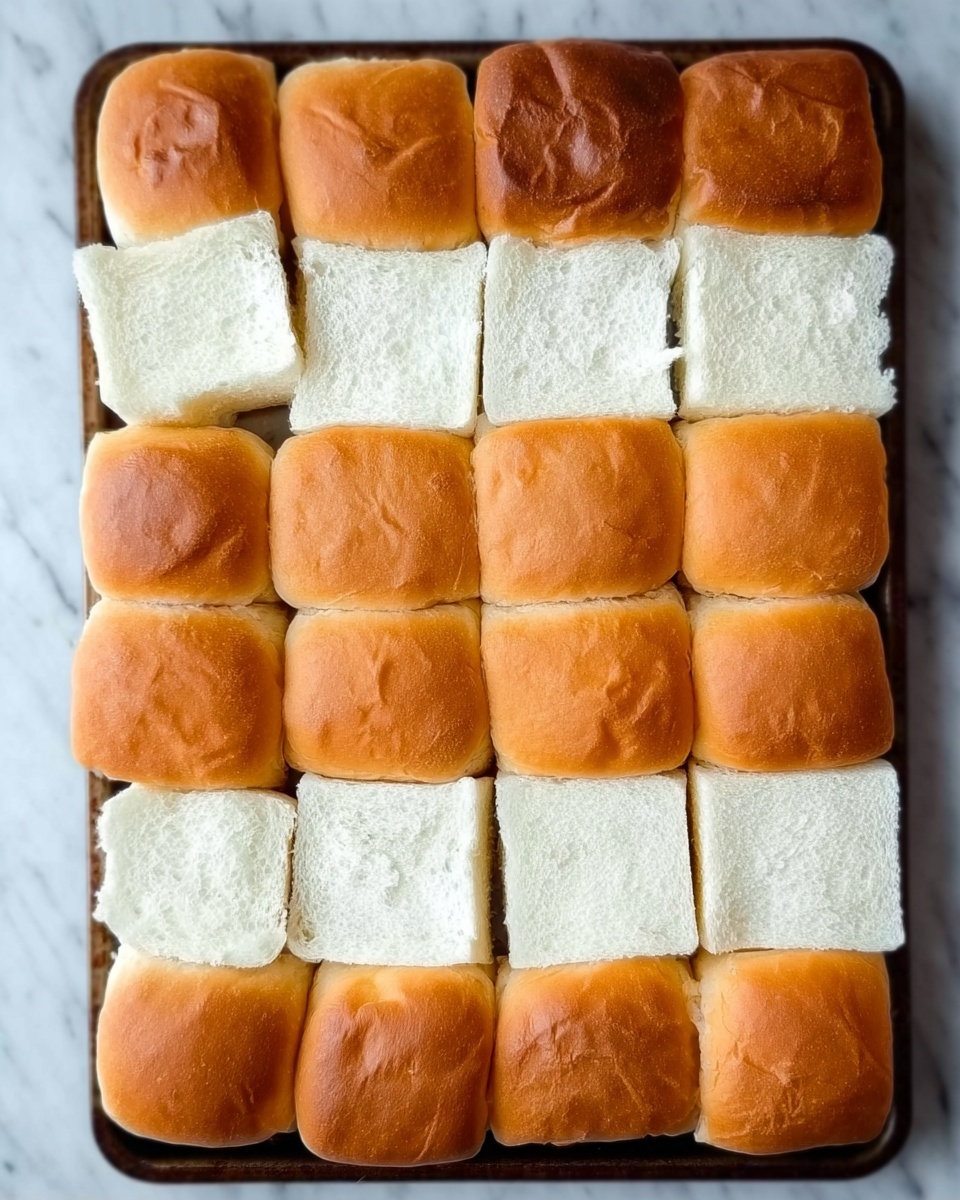 The image shows a baking tray filled with a checkerboard pattern of square bread pieces arranged in 5 rows and 4 columns. Half of the bread squares are white sliced bread with a soft, spongy texture and pale color, while the other half are golden brown sandwich rolls with a soft, slightly wrinkled top crust. The squares are placed alternately so no two pieces of the same kind touch, creating a clear contrast between the white and brown pieces. The tray rests on a white marbled surface. Photo taken with an iphone --ar 4:5 --v 7