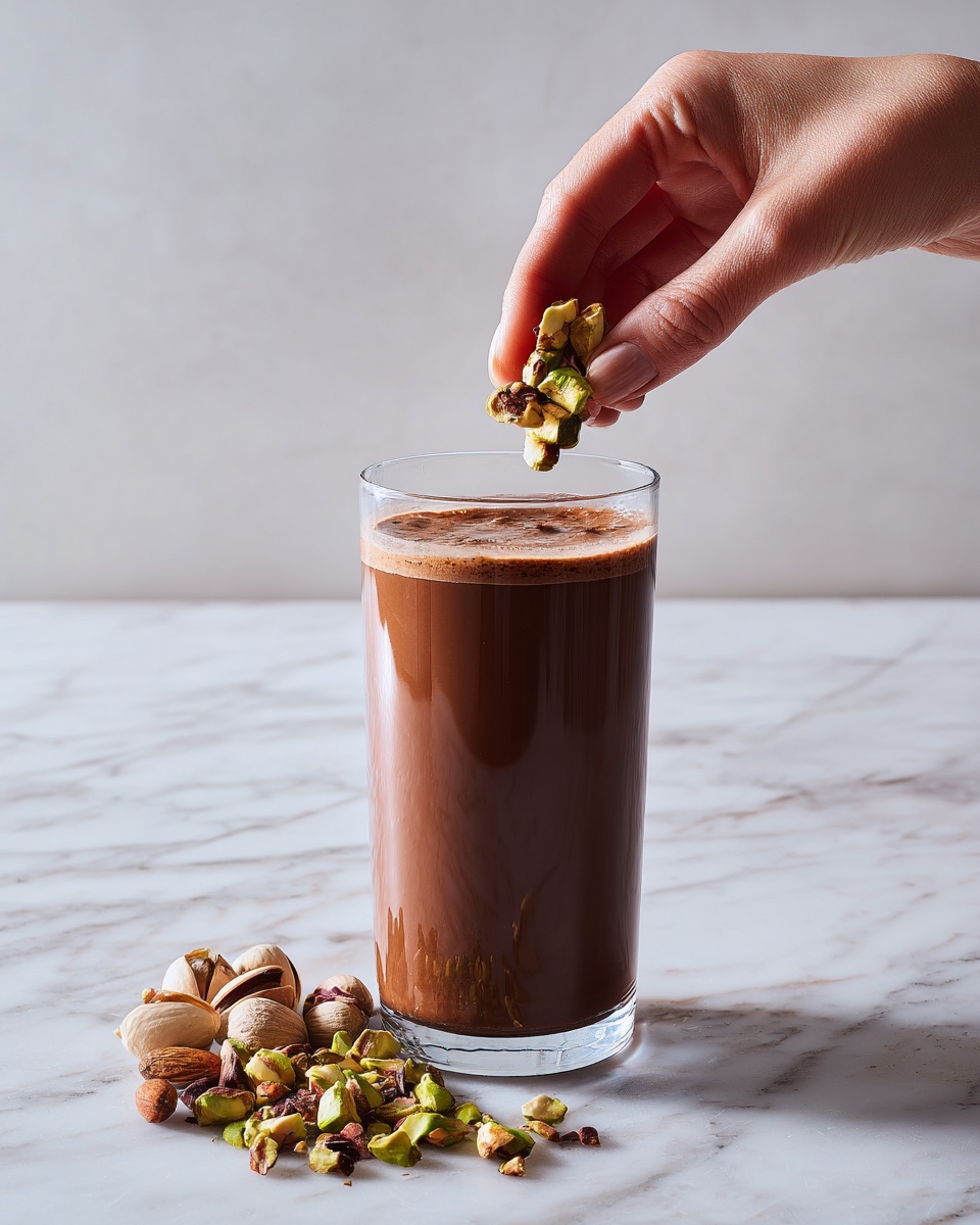 A clear tall glass filled with a smooth, thick, dark brown drink stands on a white marbled surface. The top of the drink is flat and slightly glossy. A woman's hand is holding small pieces of green and brown nuts, dropping them softly onto the drink’s surface, with some nut pieces already scattered on the surface around the glass. The background is simple, with a clean white marbled texture. photo taken with an iphone --ar 4:5 --v 7