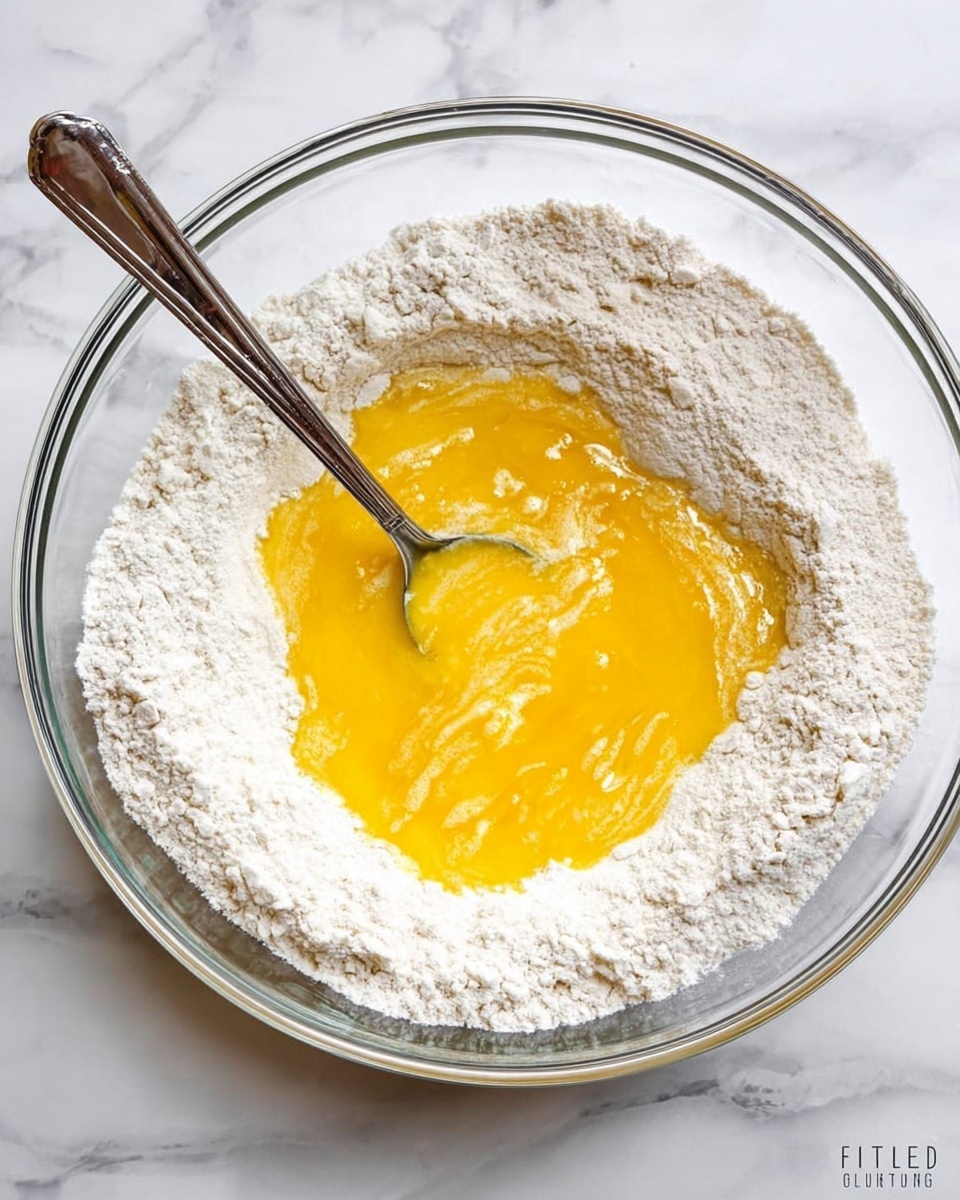A clear glass bowl filled with a ring of white flour forming a thick border around the edges, with a pool of beaten yellow eggs sitting in the center. A silver fork rests inside the egg mixture, partially submerged, and the bowl is placed on a white marbled surface that provides a clean, bright background. photo taken with an iphone --ar 4:5 --v 7