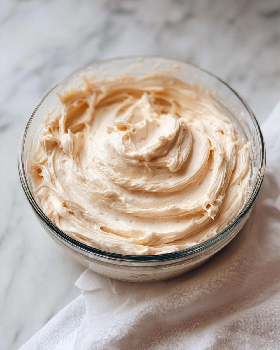 A clear glass bowl filled with one creamy layer of smooth, light beige frosting with visible swirled texture made by mixing, sitting on a white marbled surface next to a white cloth napkin, photo taken with an iphone --ar 4:5 --v 7