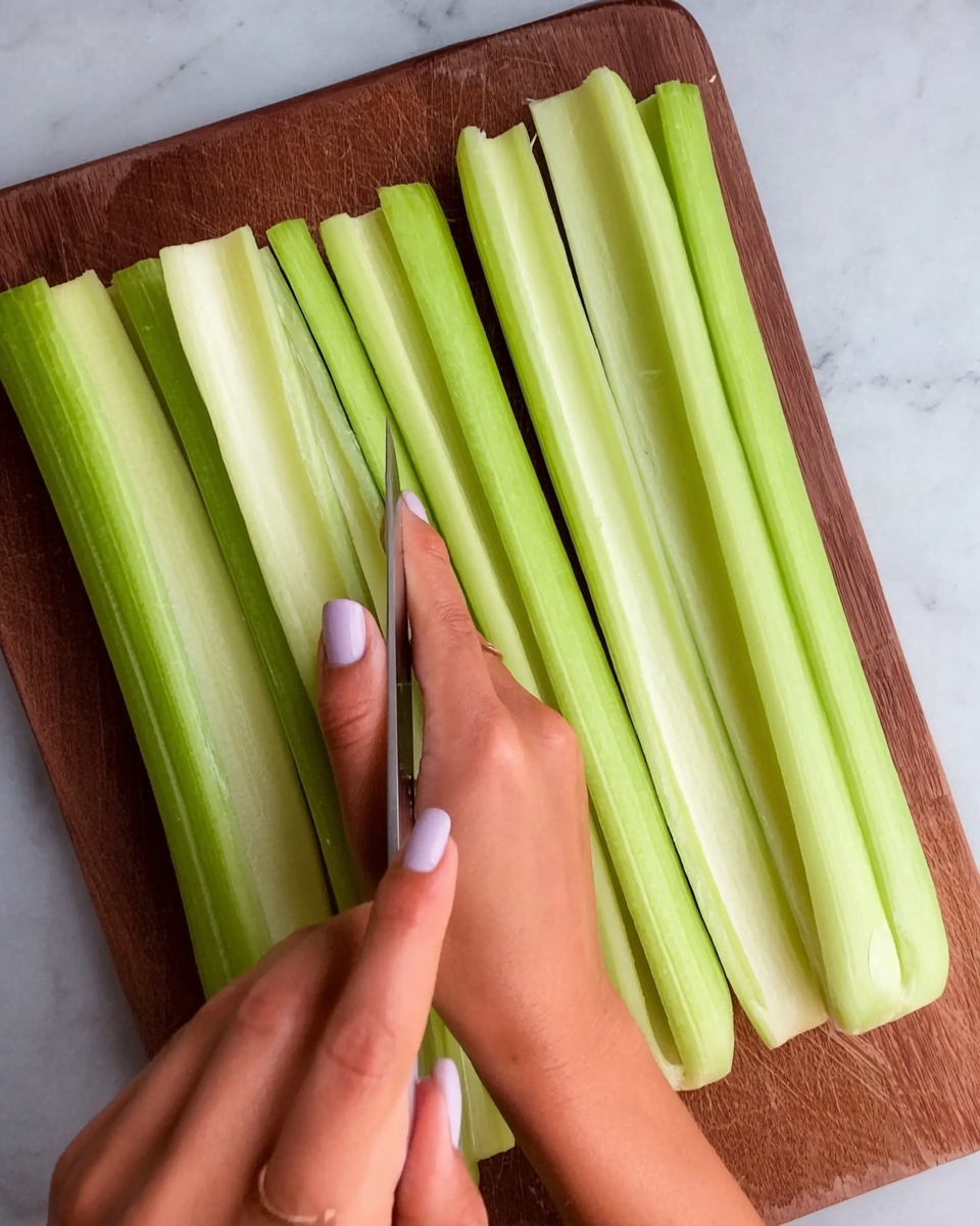 A woman's hand with light purple polish holds several long, pale green celery stalks on a brown wooden board. The celery stalks are arranged side by side, showing layers of light green skin with a smooth and fibrous texture. Another woman's hand with the same purple polish holds a knife slicing through one of the celery stalks horizontally near the top, revealing the inner pale green and whitish crisp layers of the vegetable. The background is a white marbled surface. photo taken with an iphone --ar 4:5 --v 7