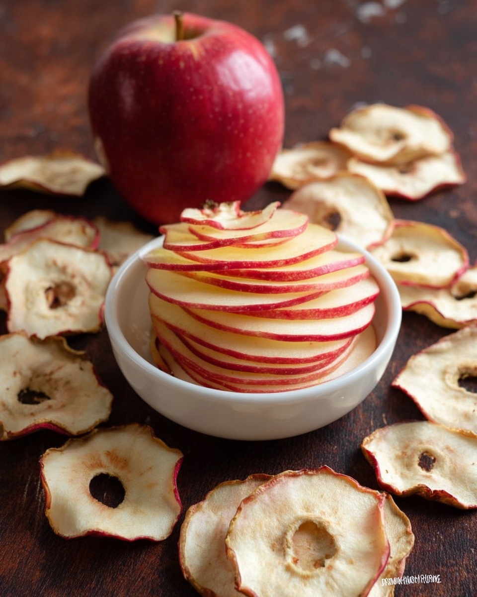 The image shows a small white bowl filled with many thin apple slices stacked in a spiral shape, each slice light yellow with red edges. Behind the bowl is a whole red apple with a smooth shiny surface. Around the bowl and apple on the dark wooden surface are many flat dried apple rings with rough texture and pale cream color, some with red edges. The background is a white marbled texture. The photo taken with an iphone --ar 4:5 --v 7