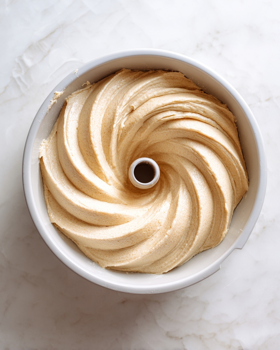 A close-up view of a white bundt cake pan filled with smooth, light beige batter, evenly spread in a spiral pattern inside the pan. The batter has a creamy texture with soft swirls and waves, surrounding the central hole of the pan. The scene is set on a white marbled surface, adding a clean and bright background. The photo taken with an iphone --ar 4:5 --v 7