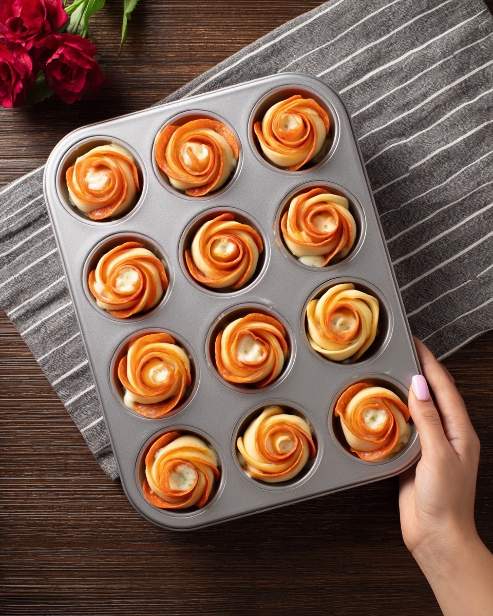 The image shows a silver muffin tray with twelve round wells, each filled with a rose-shaped food item. These items have two layers: the outer layer is made of thin, tightly rolled orange slices that look like pepperoni, forming the petals of the rose, and the inner layer is a pale, dough-like texture rolled into a spiral at the base. Some of the roses have a small light-colored filling that looks like cheese sprinkled inside and on top. The tray is held on the right side by a woman's hand with pale skin and light pink nails. The tray is placed on a dark brown wooden surface with a folded gray and white striped cloth and a red flower in the top left corner. photo taken with an iphone --ar 4:5 --v 7