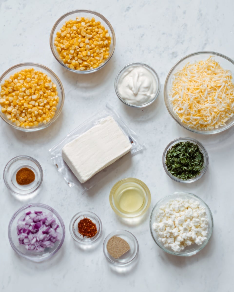 The image shows multiple clear glass bowls arranged on a white marbled surface. From top left, there is a bowl of golden yellow corn kernels, below it a bowl filled with pale yellow shredded cheese. On the top middle, there is a small bowl with white creamy sauce, next to it is a rectangular package of white cream cheese. To the right of the cream cheese, there is a small bowl containing dark green chopped herbs, and below this, a bowl filled with white crumbled cheese. Below the shredded cheese bowl, there are small bowls with red spice powder, light brown powder, minced purple onions, a small bowl of black pepper, and a bowl with a light yellow liquid, arranged closely together. The bowls are scattered neatly but with balanced spacing on the smooth white marbled surface. photo taken with an iphone --ar 4:5 --v 7