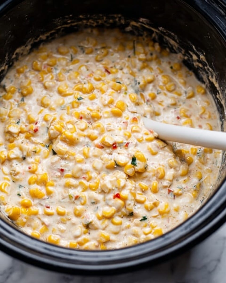 The image shows a close-up of a white plastic spoon mixing a creamy corn dish inside a black pot. The dish has three visible layers: a thick cream sauce with white and light pink hues mixed evenly with bright yellow corn kernels throughout. Small pieces of green herbs and tiny red bits are scattered inside the creamy mixture, adding color contrast. The texture looks smooth and slightly chunky from the corn. The background is a white marbled texture. photo taken with an iphone --ar 4:5 --v 7