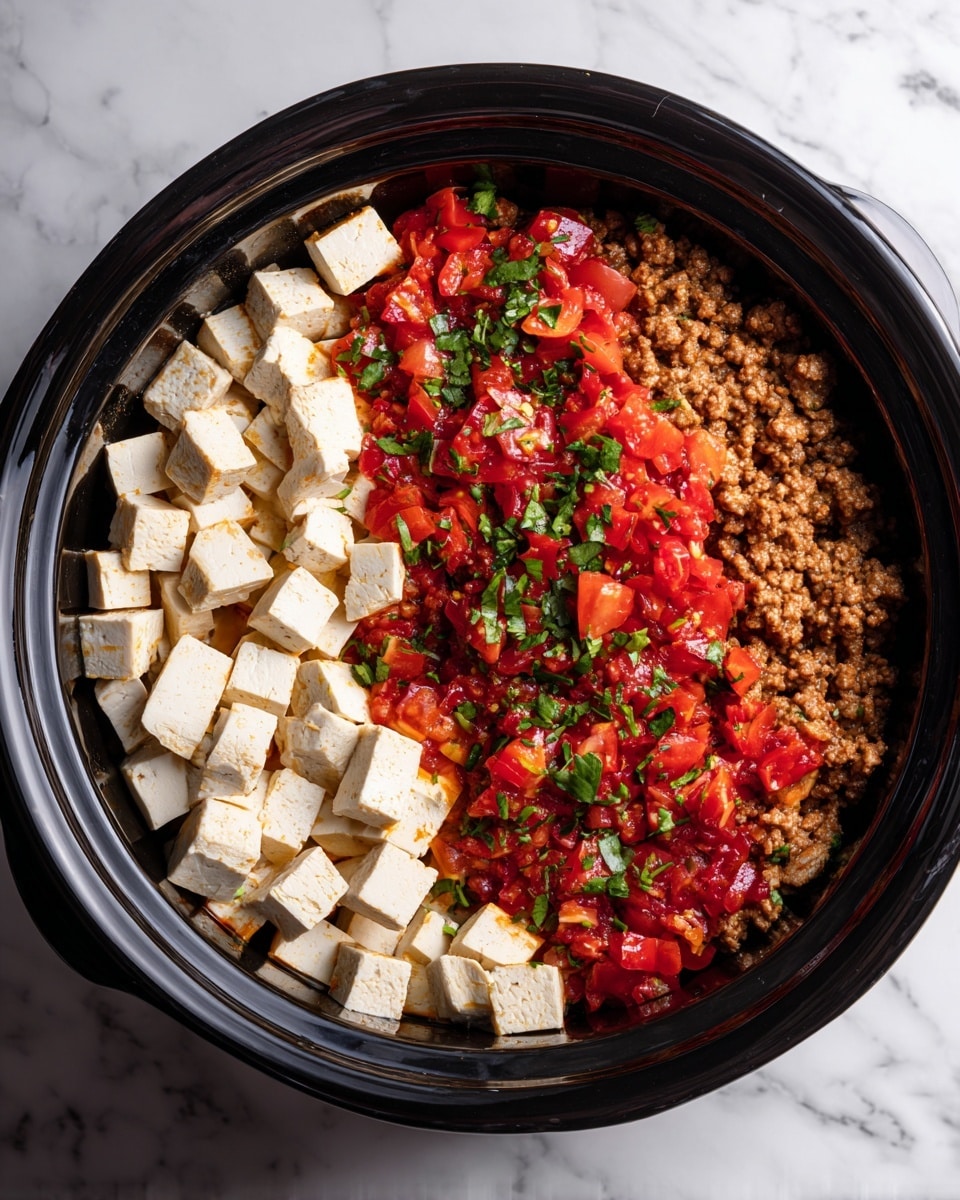The image shows a black round slow cooker filled with a colorful mix of food. The bottom layer consists of off-white tofu cubes, cut evenly and spread out across the base. On top of the tofu is a layer of cooked ground meat, brown and crumbly in texture, covering about half of the surface. Next to the meat, there is a bright red layer of diced tomatoes mixed with small pieces of green herbs, giving a fresh and vibrant look. The edges of the slow cooker are clearly visible, and the whole dish rests on a white marbled surface. Photo taken with an iphone --ar 4:5 --v 7