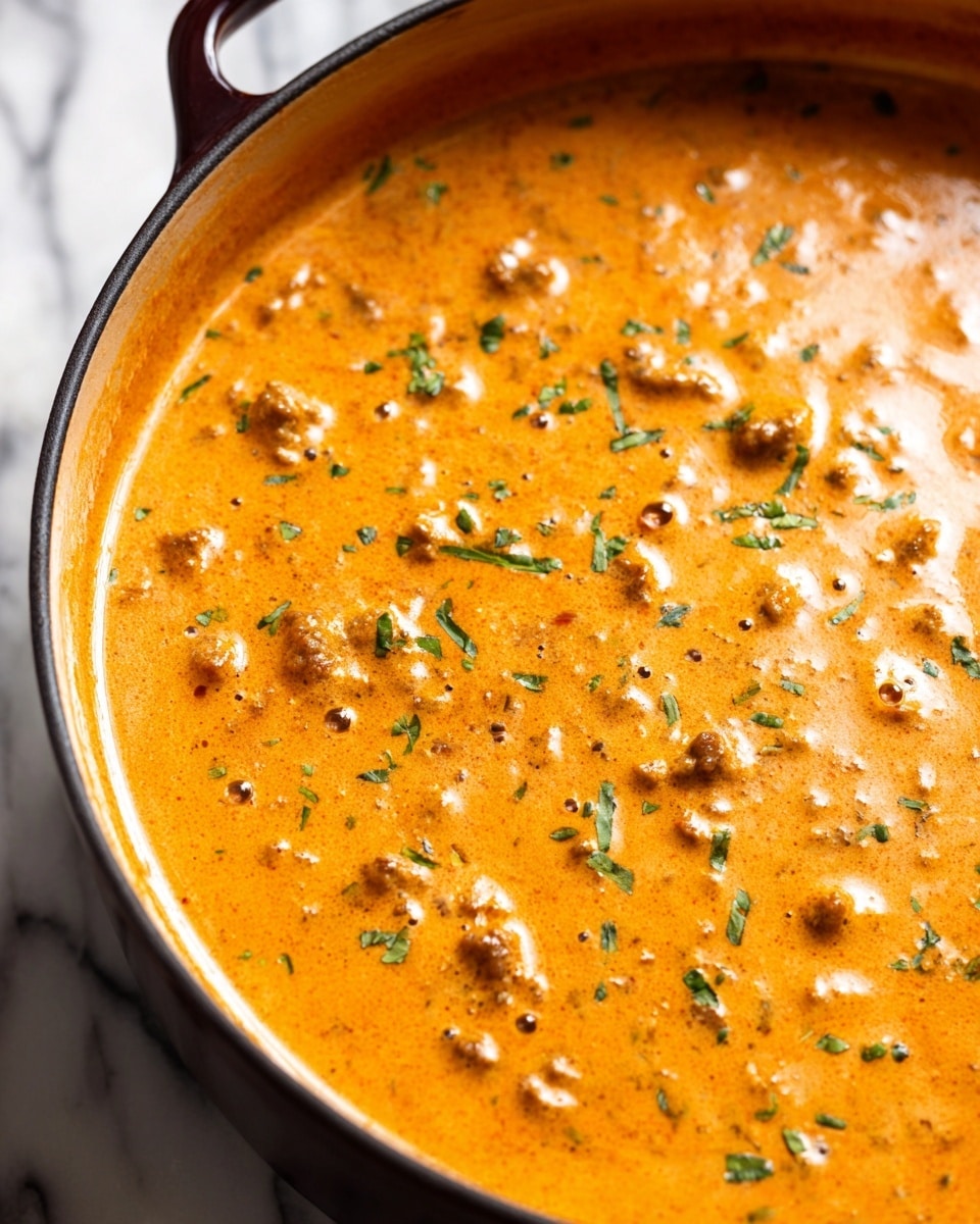The image shows a close-up of a pot filled with a thick, creamy orange sauce that has visible small chunks of meat and finely chopped green herbs scattered throughout. The surface of the sauce is smooth and glossy with tiny bubbles, indicating it is hot and freshly cooked. The pot has a dark rim and the background is a white marbled texture. photo taken with an iphone --ar 4:5 --v 7