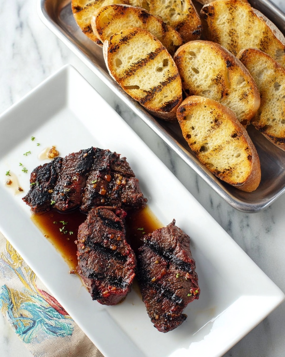 Two pieces of dark brown grilled meat with charred black spots lie on a clean white rectangular plate, with a small pool of brown juice around them. Next to the plate, a silver metal tray holds many slices of toasted bread that are golden brown with some darker grill marks. The scene is set on a white marbled surface with a small piece of colorful cloth peeking from underneath the plate. Photo taken with an iphone --ar 4:5 --v 7