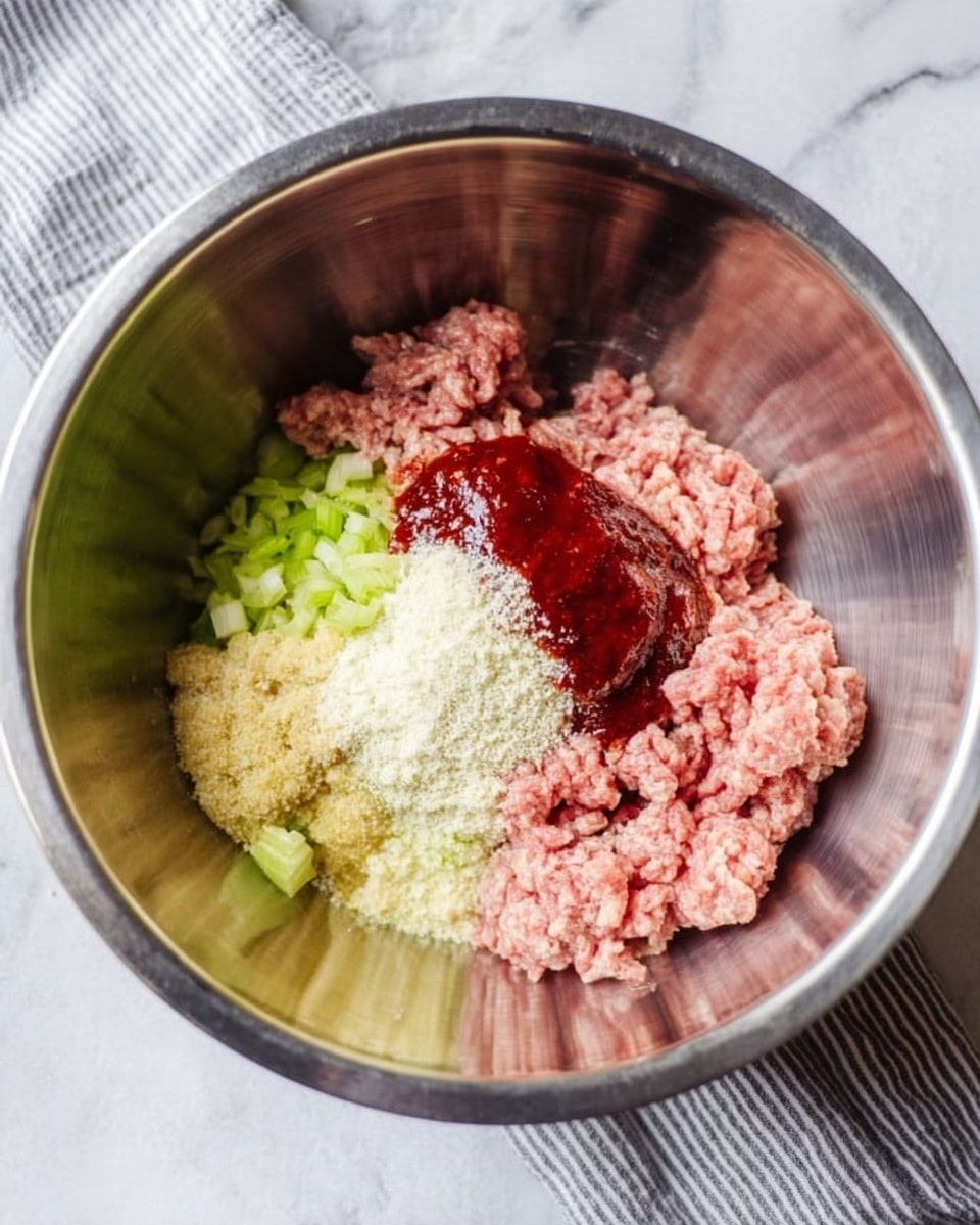 In a large, shiny metal bowl, there are six separate layers of ingredients placed side by side. The first layer is a light pink raw ground meat with a soft texture, located on the right side. Next to it is a small pile of fine, white breadcrumbs with a powdery look. Above that is a thick, dark red sauce, smooth and shiny. To the left of the sauce is a small pile of finely chopped pale green celery. Below that is a light yellow crushed garlic paste. All layers sit inside the bowl on a white marbled surface with a gray-and-white striped cloth nearby. photo taken with an iphone --ar 4:5 --v 7
