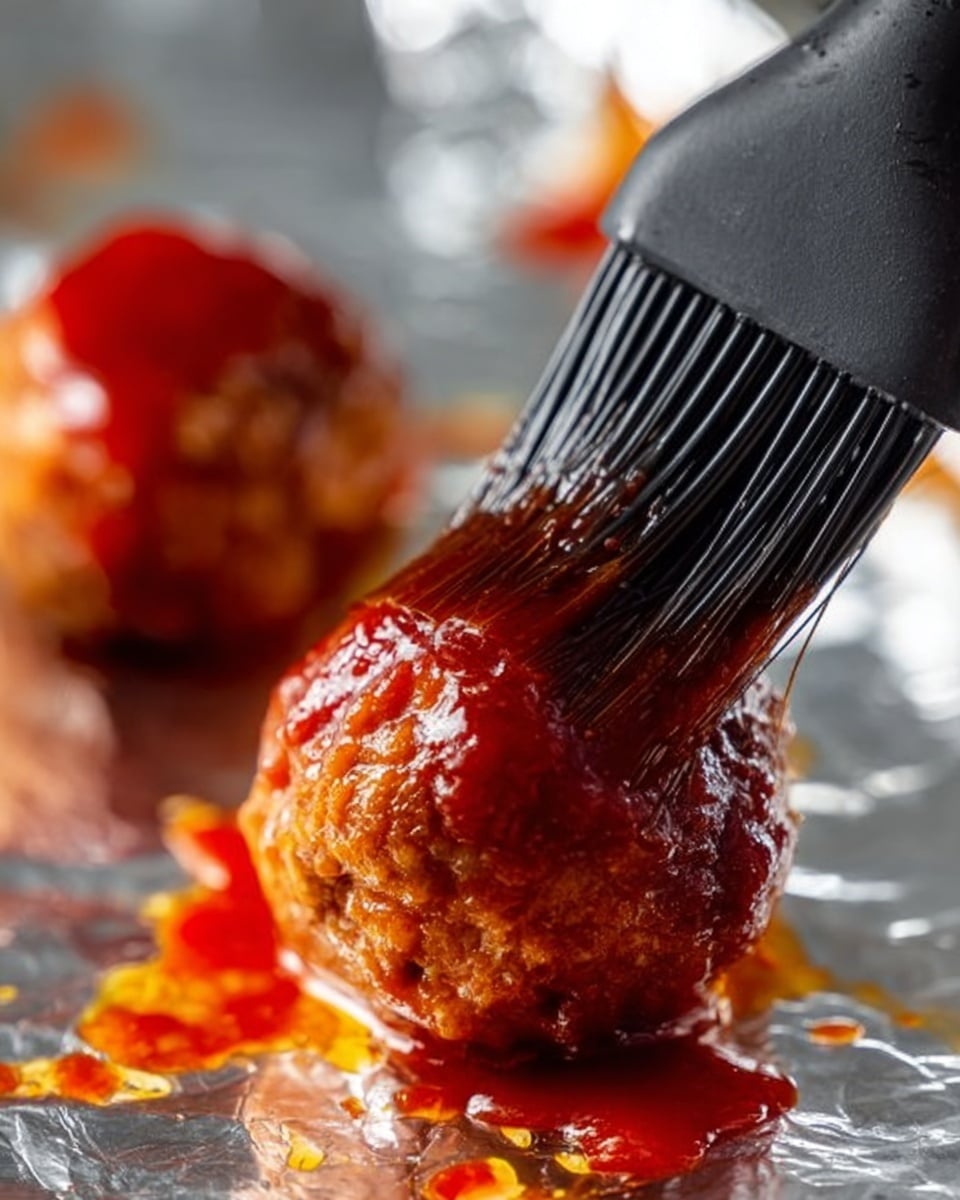 The image shows a close-up of a shiny sauce being brushed over a round meatball with a black silicone brush. The meatball is on a shiny silver foil surface that reflects the red sauce and light. In the background, there is a slightly blurry second meatball with sauce drip marks around it. The sauce is thick, deep red, and glossy, covering the top and sides of the meatball. The brush has long, thin soft bristles touching the meatball gently. photo taken with an iphone --ar 4:5 --v 7