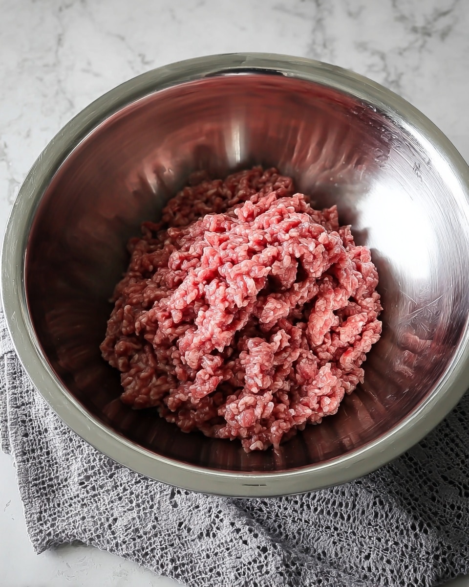 A large shiny stainless steel bowl sits on a white marbled textured surface covered partially by a lace-patterned grey cloth. Inside the bowl, a mound of raw ground meat rests, showing a mix of red and light pink colors with a soft, crumbly texture. The meat fills the bottom center of the bowl without overflowing. Soft natural light reflects slightly on the metal bowl's smooth interior. photo taken with an iphone --ar 4:5 --v 7