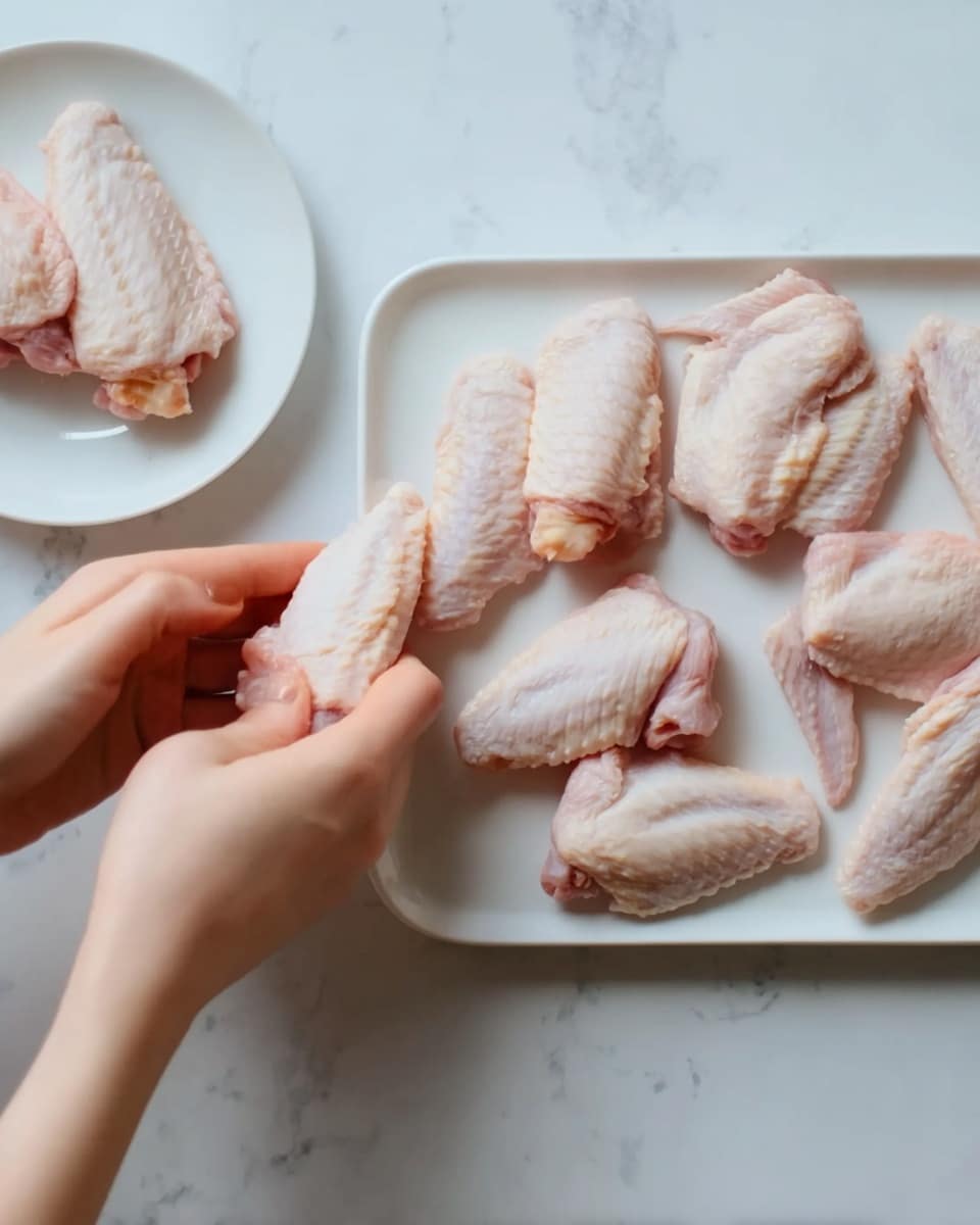 A woman's hand is holding a chicken wing piece on a white rectangular plate with eight raw chicken wing parts arranged in two rows. On the left edge of the image, there is a white round plate with a raw chicken wing half visible. The background is a white marbled surface. Photo taken with an iphone --ar 4:5 --v 7