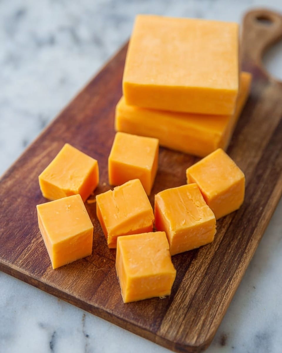 The image shows a wooden cutting board with several pieces of orange cheese. There are nine cubes of cheese arranged mostly in two rows near the handle of the board. Behind the cubes, there are three larger rectangular blocks of the same cheese, stacked one on top of the other. The texture of the cheese is smooth and dense. The cutting board is placed on a white marbled surface. Photo taken with an iphone --ar 4:5 --v 7