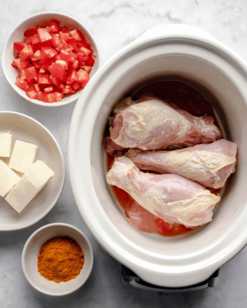 The image shows a white slow cooker with three raw chicken pieces inside, placed in the center on a white marbled surface. Around the slow cooker, there are three white bowls: one bowl contains red diced tomatoes with juices visible, another holds white cream cheese blocks, and the last one has an orange powder, likely a spice such as turmeric or curry powder. The scene is simple and clean, focusing on the ingredients arranged neatly around the slow cooker. Photo taken with an iphone --ar 4:5 --v 7