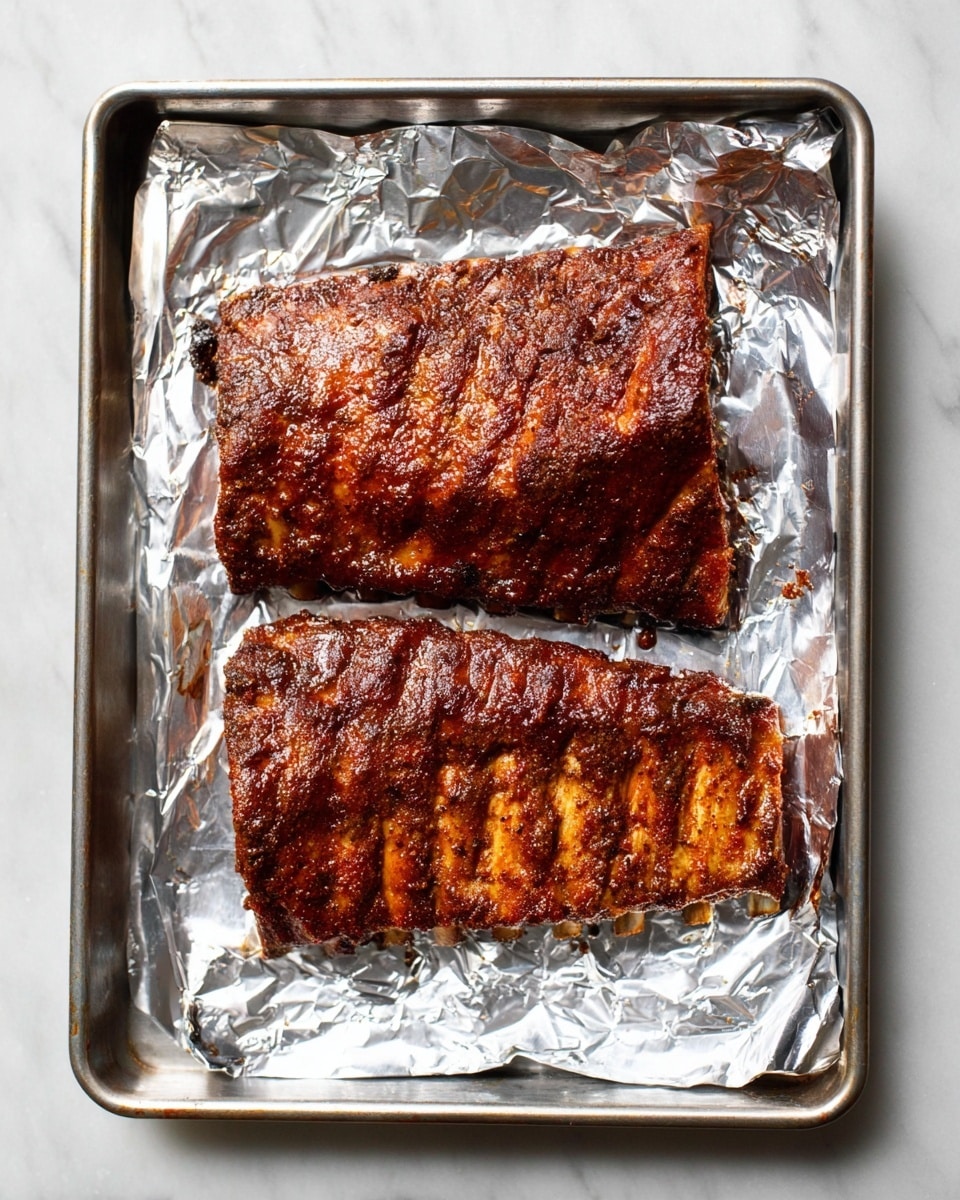 Two large pieces of cooked ribs with a dark brown, slightly shiny surface covered in a spice rub sit on a sheet of crinkled aluminum foil inside a metal baking tray. The ribs have a textured look from the meat fibers and the caramelized spice layer. The foil underneath reflects light with soft creases, contrasting with the rich color of the ribs. The tray and foil rest on a white marbled surface. photo taken with an iphone --ar 4:5 --v 7