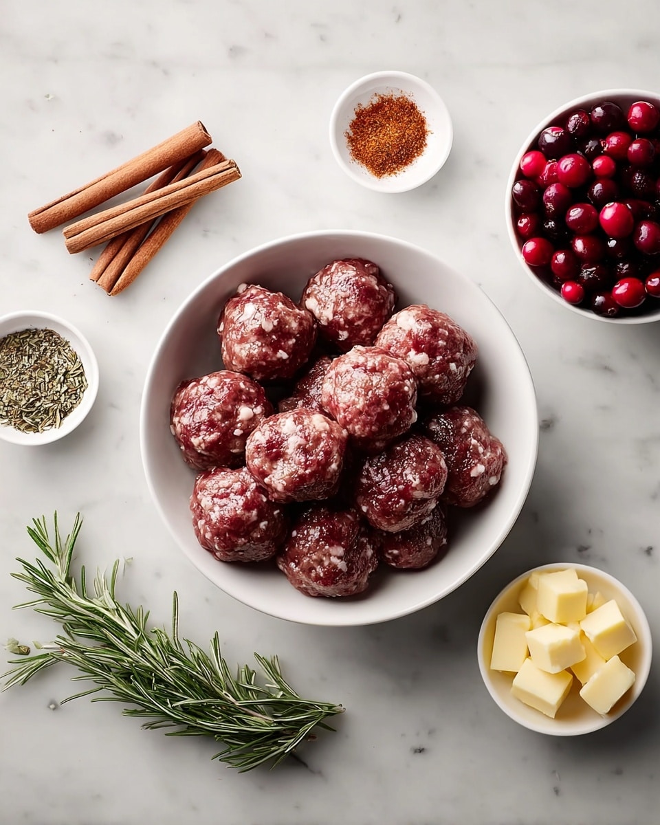 A white bowl in the center holds nine raw meatballs, shiny with a wet texture and a reddish-brown color showing small white specks within. Surrounding the bowl are small white dishes: the top right dish filled with bright red fresh cranberries, and the bottom right dish containing small cubes of pale yellow butter. Near the butter is a tiny white bowl with a fine reddish-brown spice powder. To the left of the meatballs are three cinnamon sticks and a small white bowl full of dried green and brown herbs. Below these is a fresh dark green sprig of rosemary with narrow needle-like leaves. All items are placed on a white marbled surface. Photo taken with an iphone --ar 4:5 --v 7