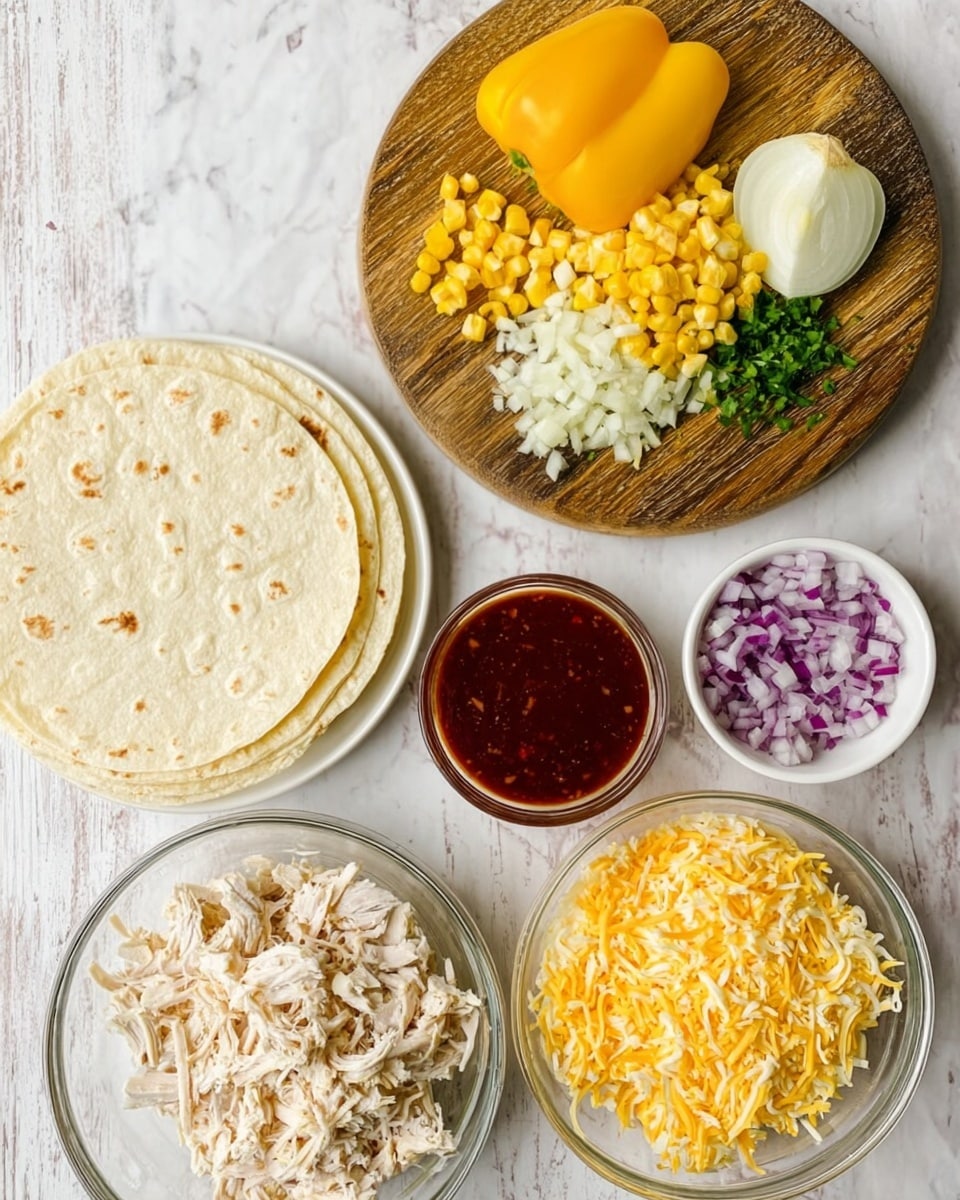 The image shows a flat white plate with a stack of round white tortillas at the bottom left. Above the tortillas, there is a round wooden board with chopped vegetables: quartered yellow bell pepper on top, chopped yellow corn to the right, finely chopped white onions to the bottom right, and finely chopped purple onions to the bottom left. To the right of the wooden board, there is a small white bowl filled with dark red sauce. Below it, there is a clear glass bowl filled with shredded white chicken. To the bottom right of the chicken, a round clear bowl contains a shredded yellow and white cheese mix. The entire setup is on a white marbled surface. photo taken with an iphone --ar 4:5 --v 7