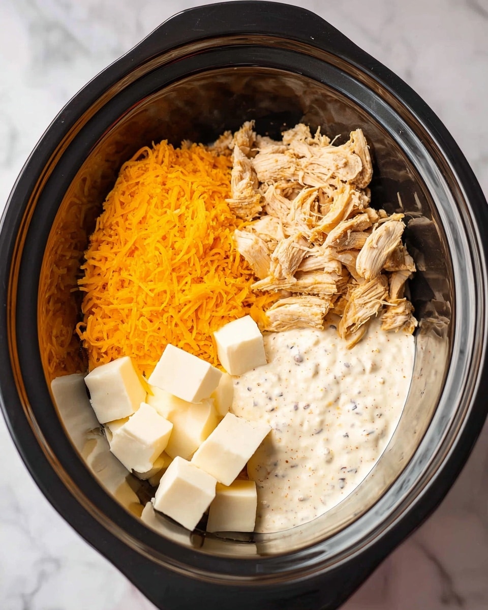 Inside a black slow cooker, there are four ingredients placed in separate sections: shredded light brown cooked chicken on the top right, a creamy white sauce with black specks on the bottom right, bright orange shredded cheddar cheese on the bottom left, and white cheese cubes on the top left. The inside of the slow cooker is shiny and smooth, and the slow cooker is set on a white marbled surface. photo taken with an iphone --ar 4:5 --v 7