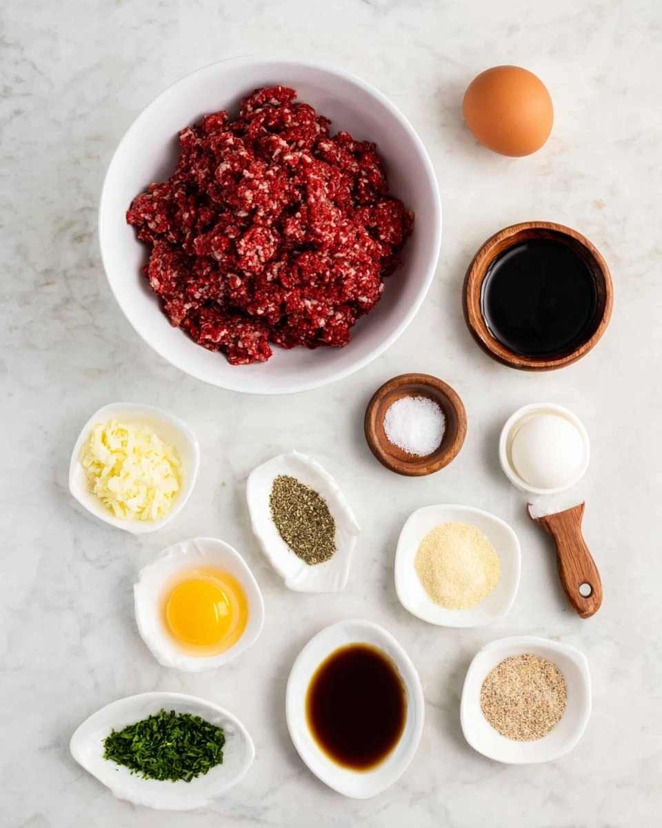 The image shows a white bowl filled with a layer of dark red ground meat mixed with small herbs and spices. Surrounding it are smaller white dishes arranged in a loose circle on a white marbled surface. These dishes contain small piles of light yellow mustard, finely chopped white onions, beige breadcrumbs, an egg, dark brown sauce, black liquid, a small mound of green herbs, some red seasoning, and small piles of white and yellow powdery spices, each with distinct textures from smooth to grainy. A small wooden bowl holds the egg and another small wooden bowl holds salt and pepper. The overall layout is neat and organized. Photo taken with an iphone --ar 4:5 --v 7